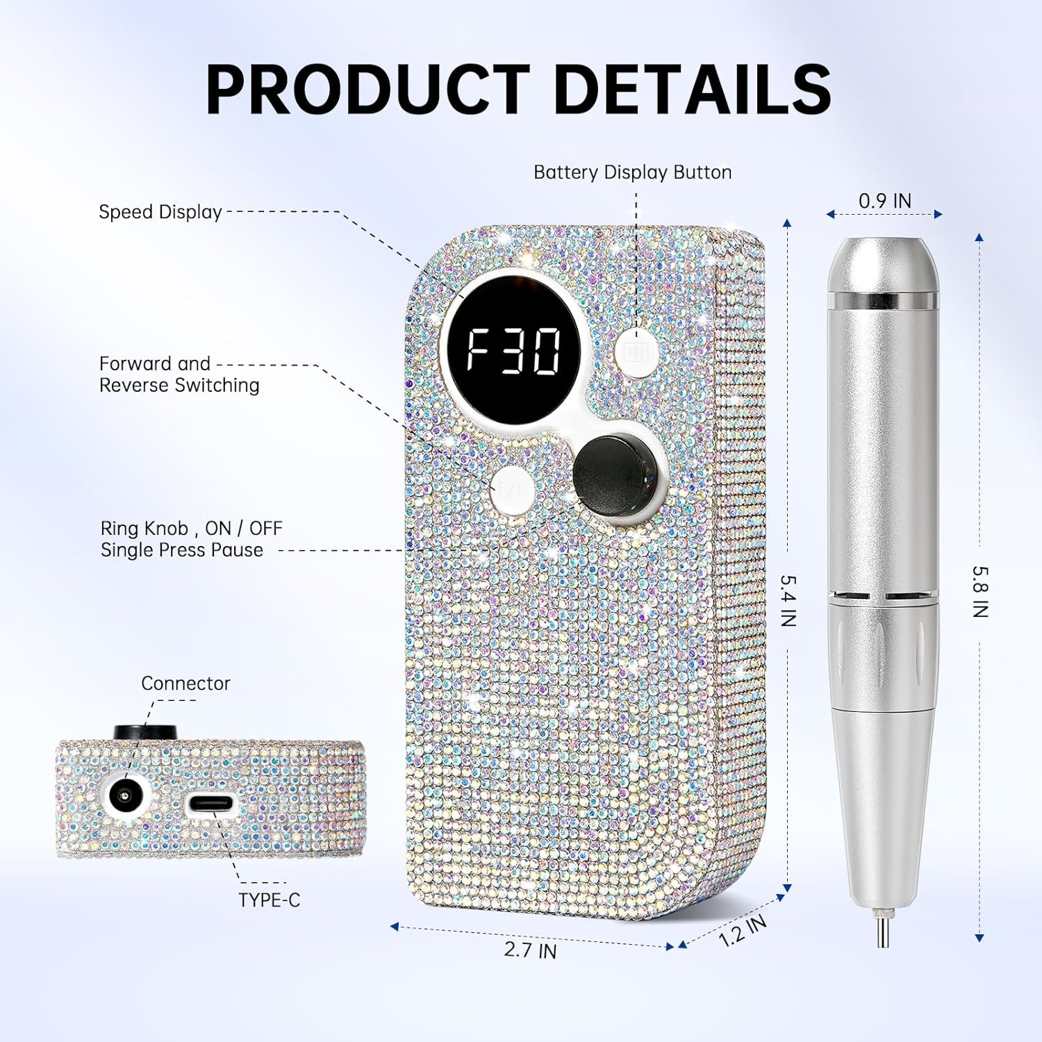 Professional Electric Nail Drill, Rechargeable Sparkly Nail Drill for Acrylic Nails, Cordless Portable Nail Drill Kit with Drill Bits and Sanding Bands for Manicure Pedicure, Diamond - Image 4