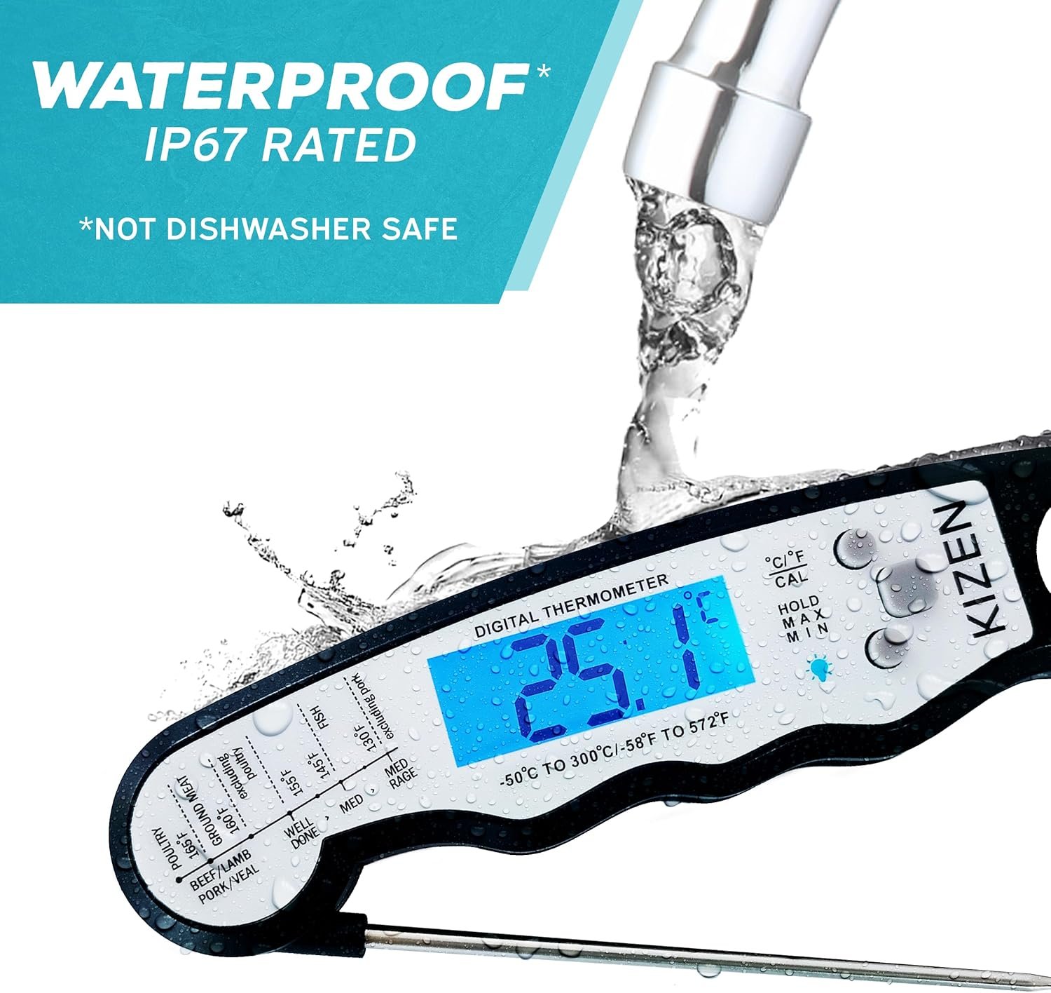 KIZEN Instant Read Meat Thermometer Digital - Food Thermometer for Cooking, Grill, Oven, BBQ - Waterproof and Backlit Display - Image 9