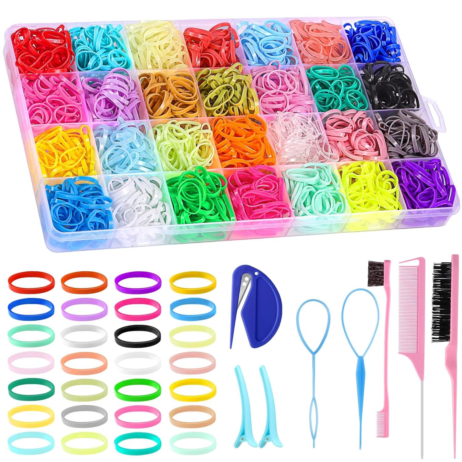 BESARME 28 Colors Rubber Bands for Hair with 7 Hair Styling Tools, 2100 Pcs Colorful Elastic Hair Ties Ponytail Holders Hair Accessories for Girls Baby Toddler Christmas Gifts - Image 2