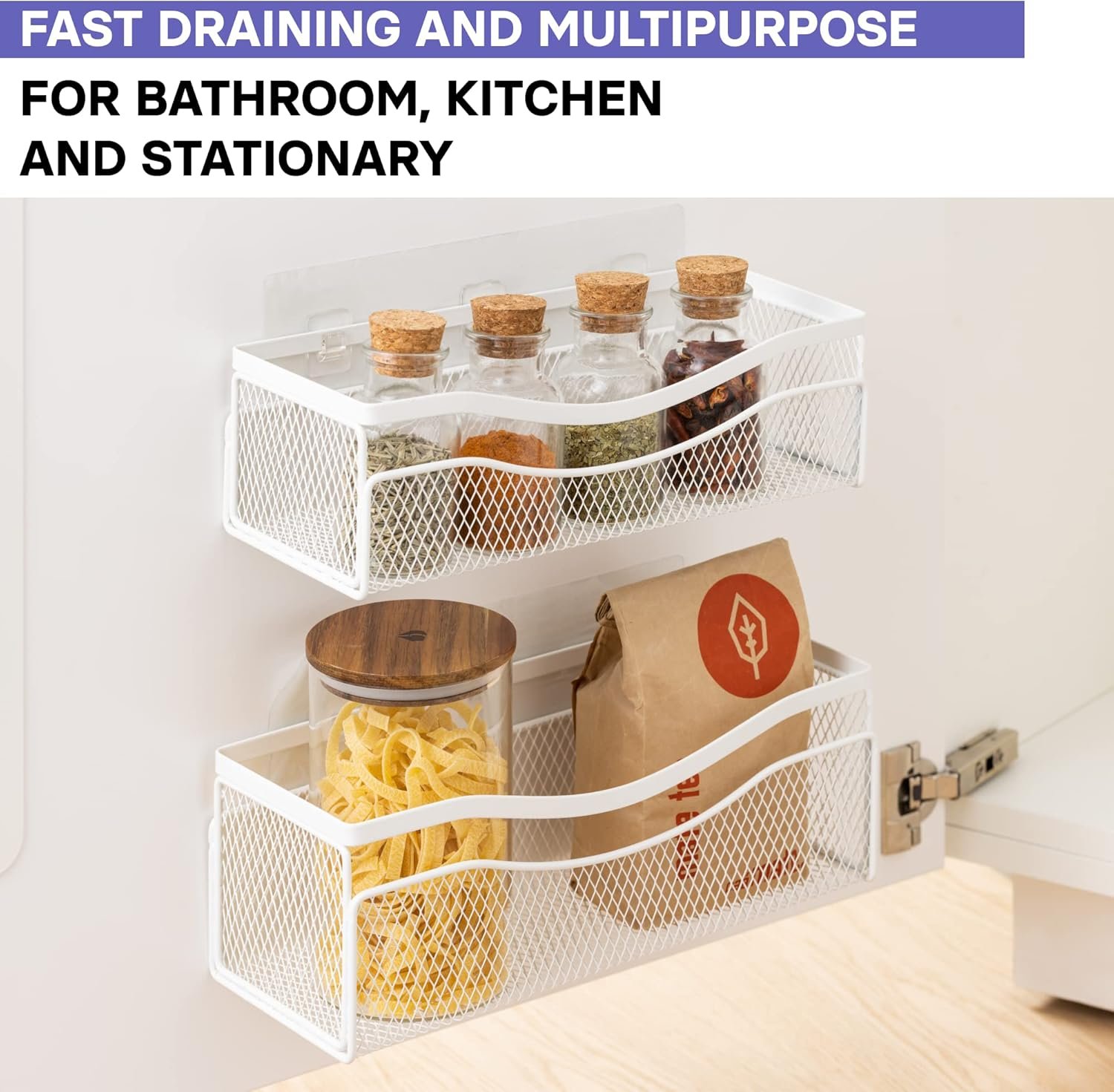 KINCMAX Mesh Shower Caddy (2-Pack), Rustproof Stainless Steel, Adhesive Wall Mount Baskets with Hooks, Mesh Design (Matta White) - Image 7