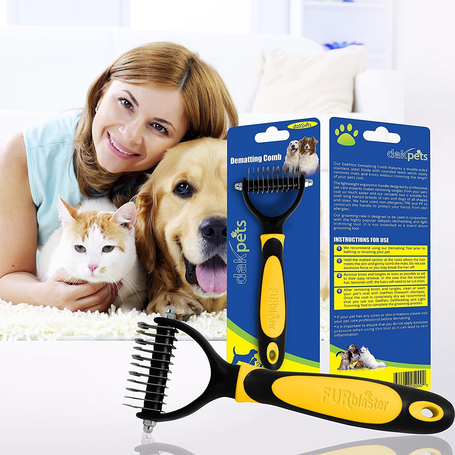 DakPets All-In-One Pet Grooming Tool | Metal Undercoat Rake, Dematting & Detangling Comb, Fur Shedding Blade, and Grooming Brush | For Medium to Long-Haired Pets - Image 5
