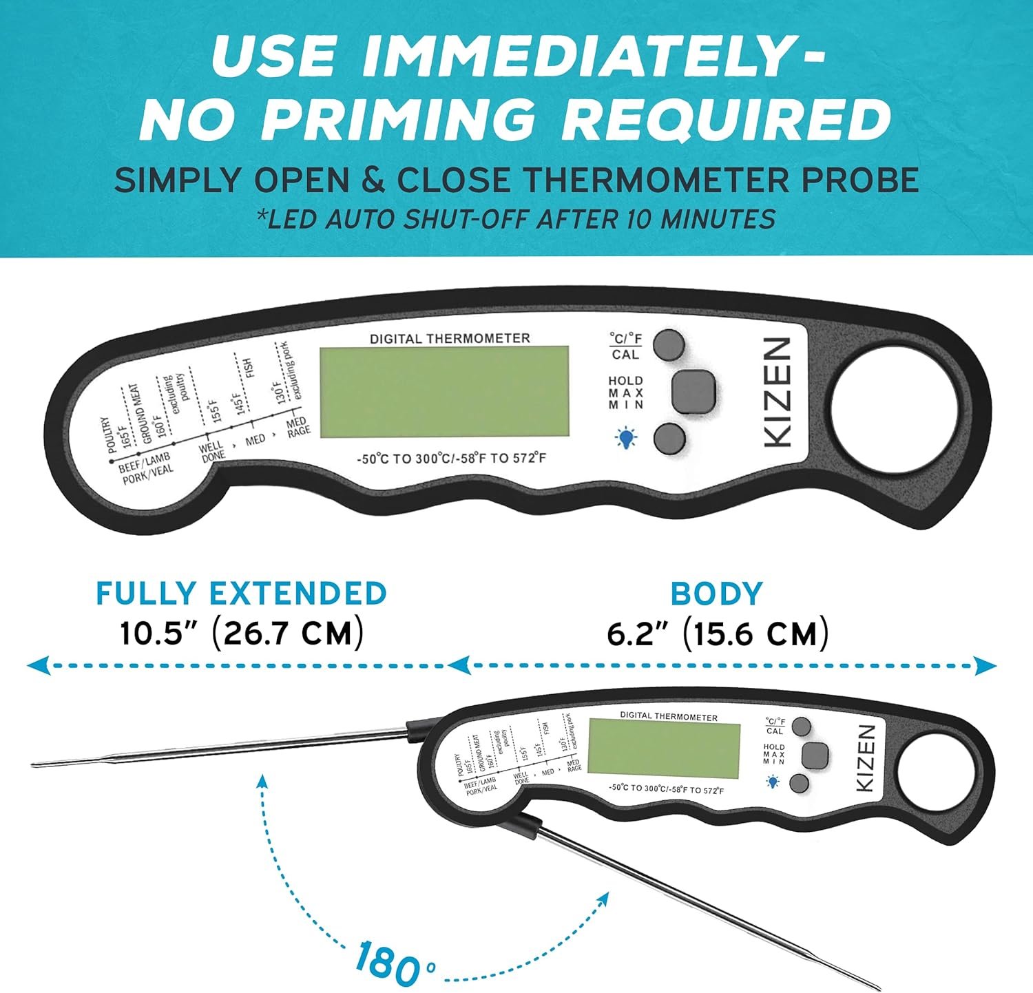 KIZEN Instant Read Meat Thermometer Digital - Food Thermometer for Cooking, Grill, Oven, BBQ - Waterproof and Backlit Display - Image 6