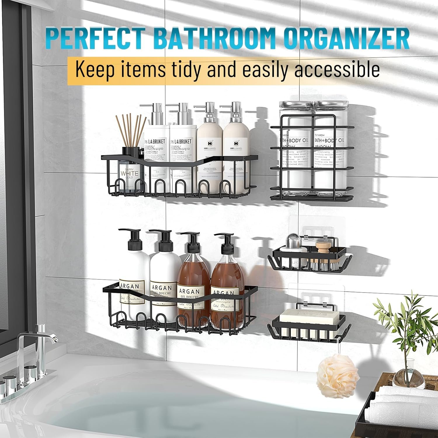 OLANLY Shower Caddy 5 Pack, Adhesive Shower Organizer for Bathroom Storage, Rustproof Stainless Steel Bath Organizers, Shower Shelves for Inside Shower, Large Capacity, Home Decor Accessories, Black - Image 3