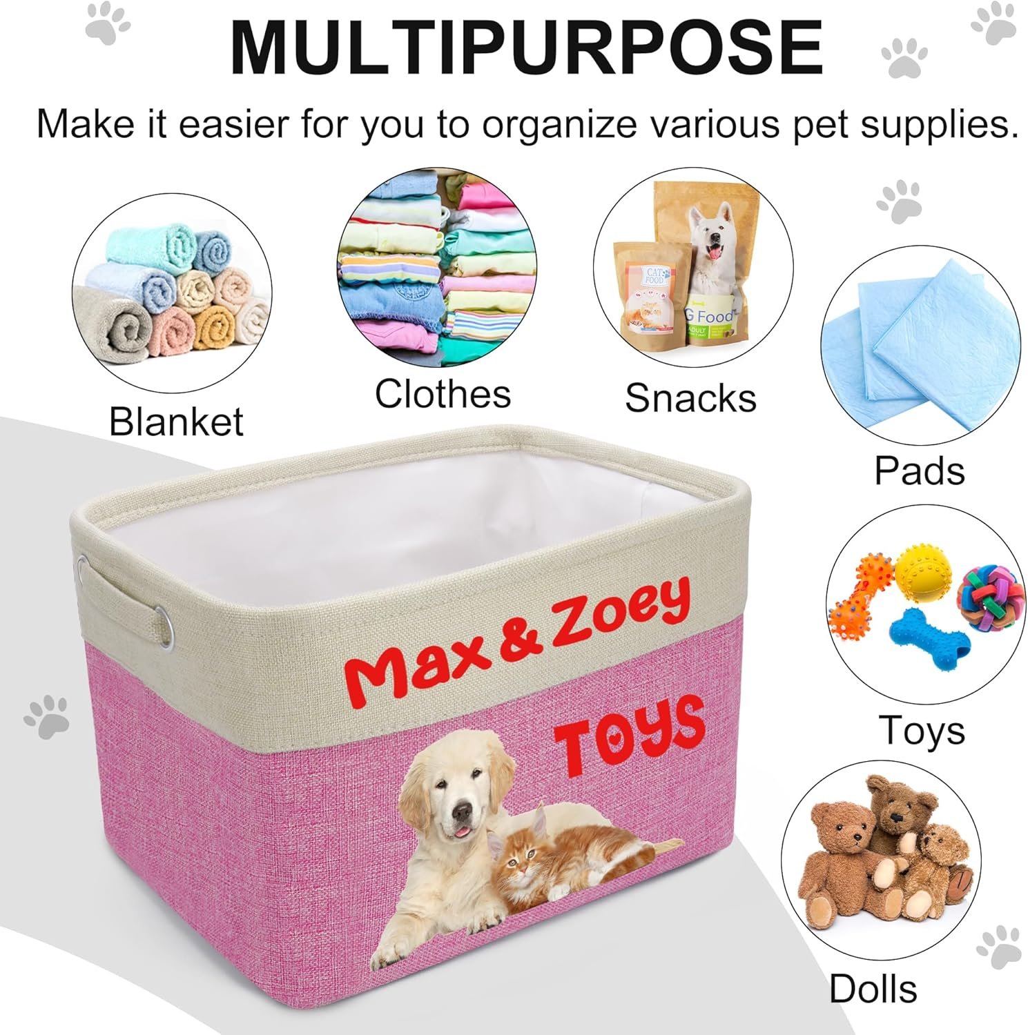 Personalized Dog Toy Basket, Collapsible Custom Dog Toy Box with Pet's Name, Dog Toy Bin with Handles, Sturdy Rectangular Storage Box for Dog Toys, Dog Foods, Dog Apparel&Accessories(Pink) - Image 5
