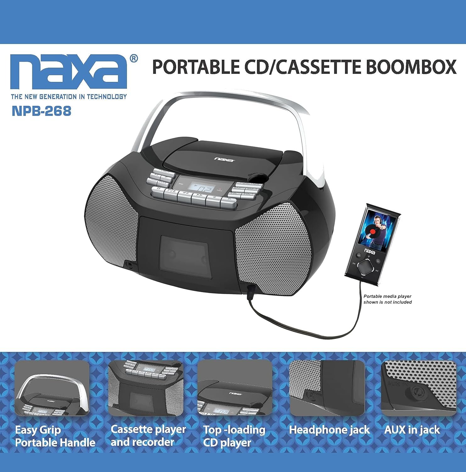 Naxa Electronics NPB-268 Portable CD/Cassette Boombox, Silver/Black - Image 5
