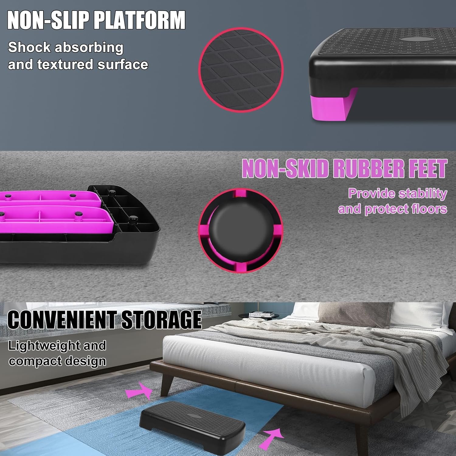 Height-Adjustable 4''-6'' Step Aerobics Platform Fitness Equipment Stepper Trainer Exercise Step Platform with 2 Riser - Image 8