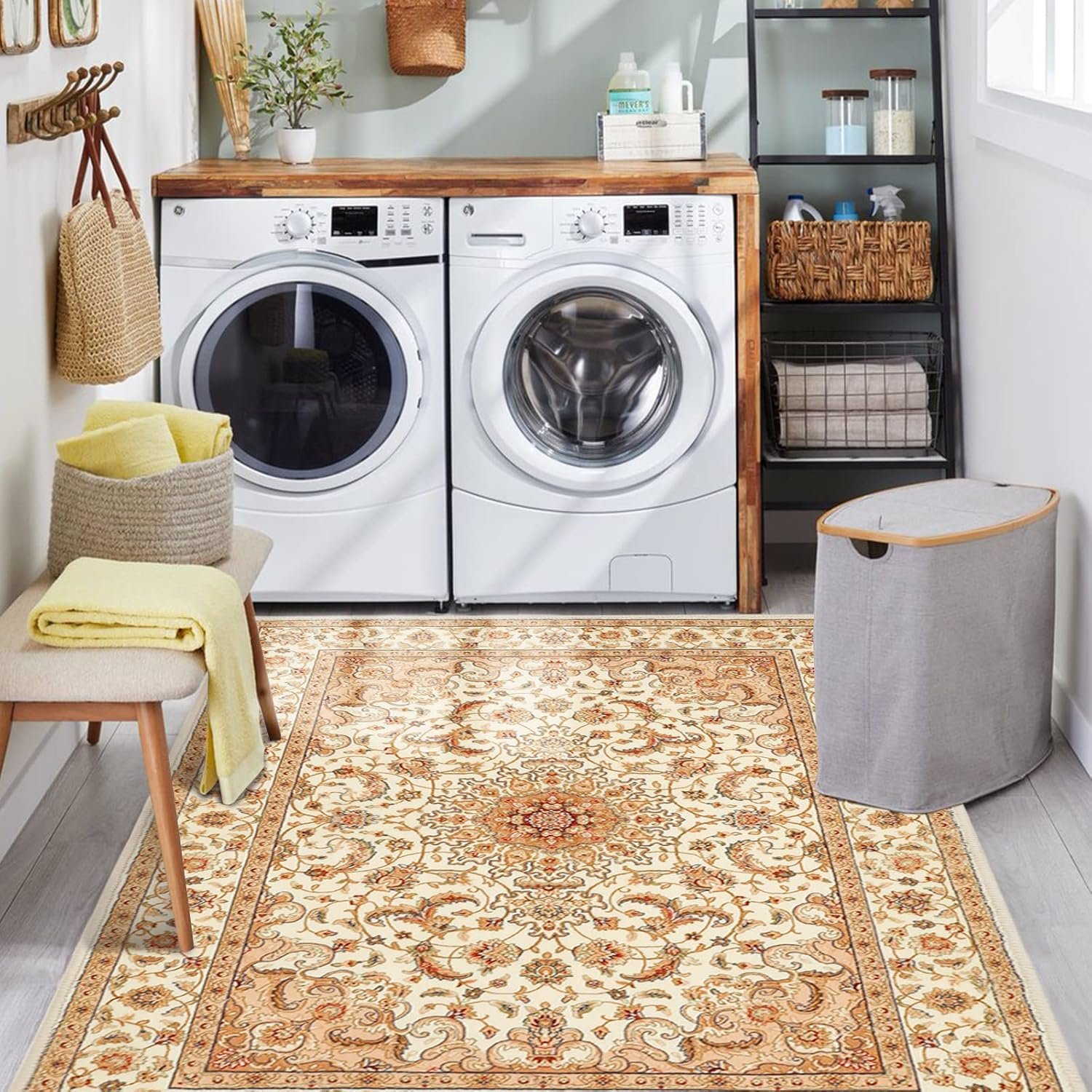 COMSLE Boho Area Rug, 4' x 6' Machine Washable Rugs for Entryway Faux Wool Large Rugs Distressed Throw Rug Non-Slip Floor Carpet for Indoor Bedroom Kitchen Living Room Cream/Beige-2 - Image 7