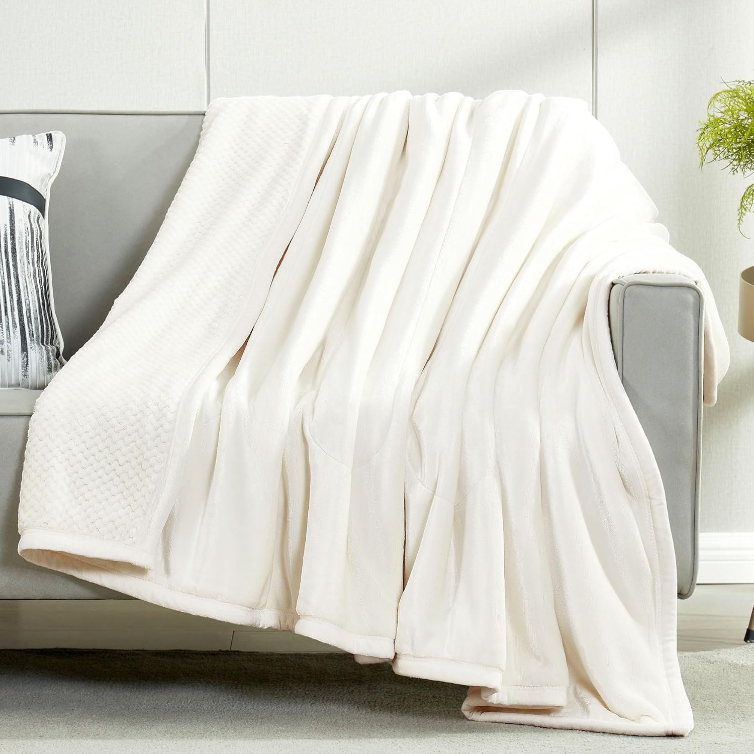 DREAMNINE Extra Thick 3 Layers Soft Flannel Fleece Blanket for Couch Sofa 50" x 60", Luxury Warm Fuzzy Velvet Blanket for Winter, Solid Cozy Plush Microfiber Blanket for Bedroom, Washable, Cream White - Image 2