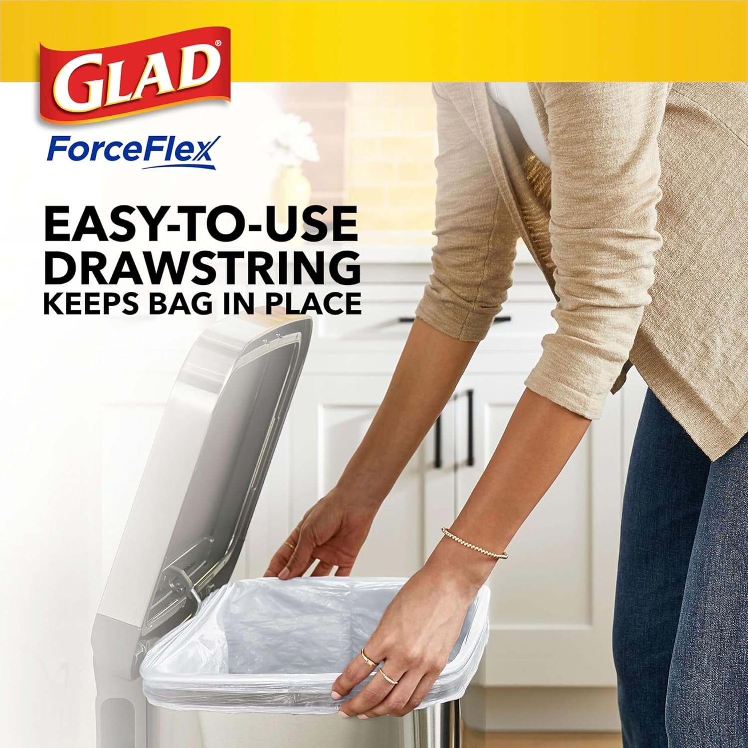 Glad Trash Bags, ForceFlex Tall Kitchen Drawstring Garbage Bags, 13 Gal, Gain Lemon Zest, 110 Ct, Pack May Vary - Image 7