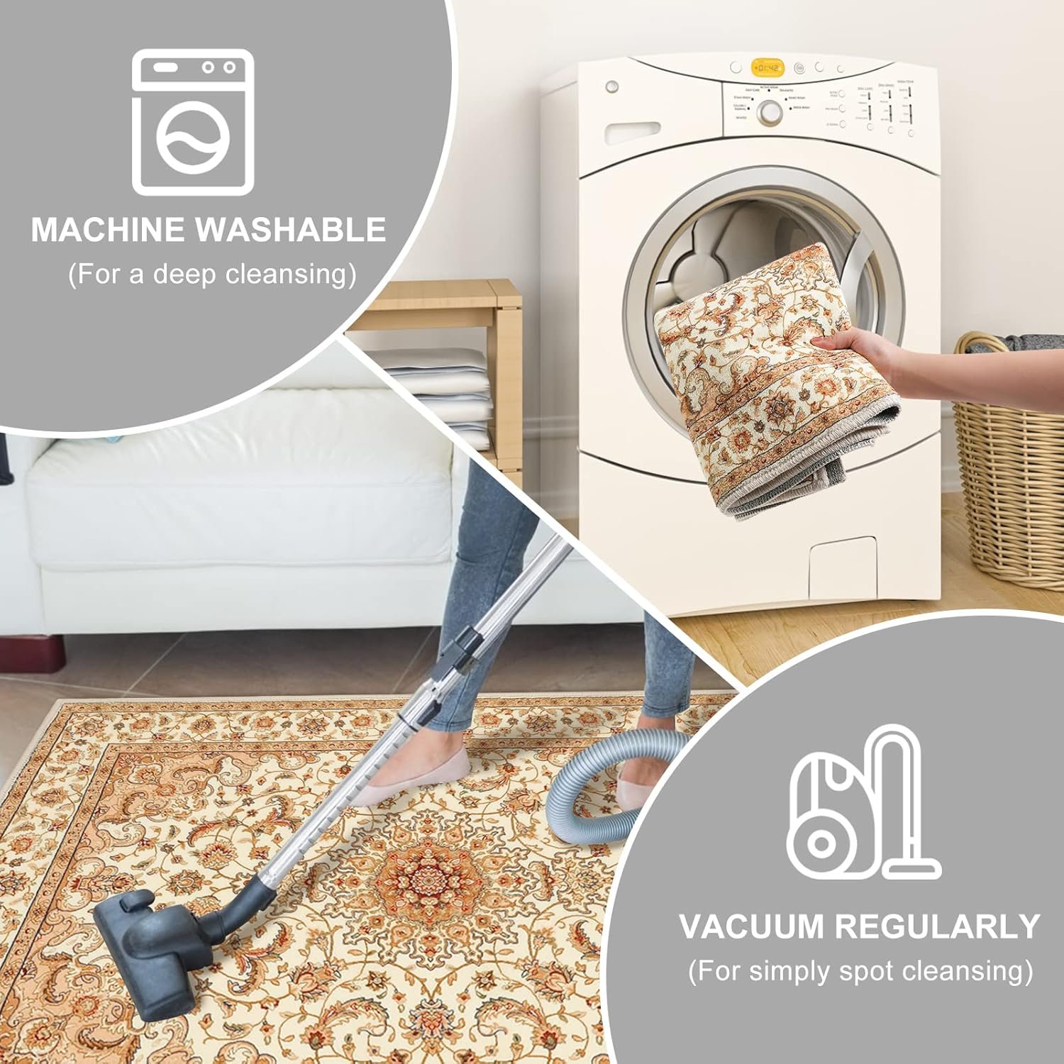 COMSLE Boho Area Rug, 4' x 6' Machine Washable Rugs for Entryway Faux Wool Large Rugs Distressed Throw Rug Non-Slip Floor Carpet for Indoor Bedroom Kitchen Living Room Cream/Beige-2 - Image 8