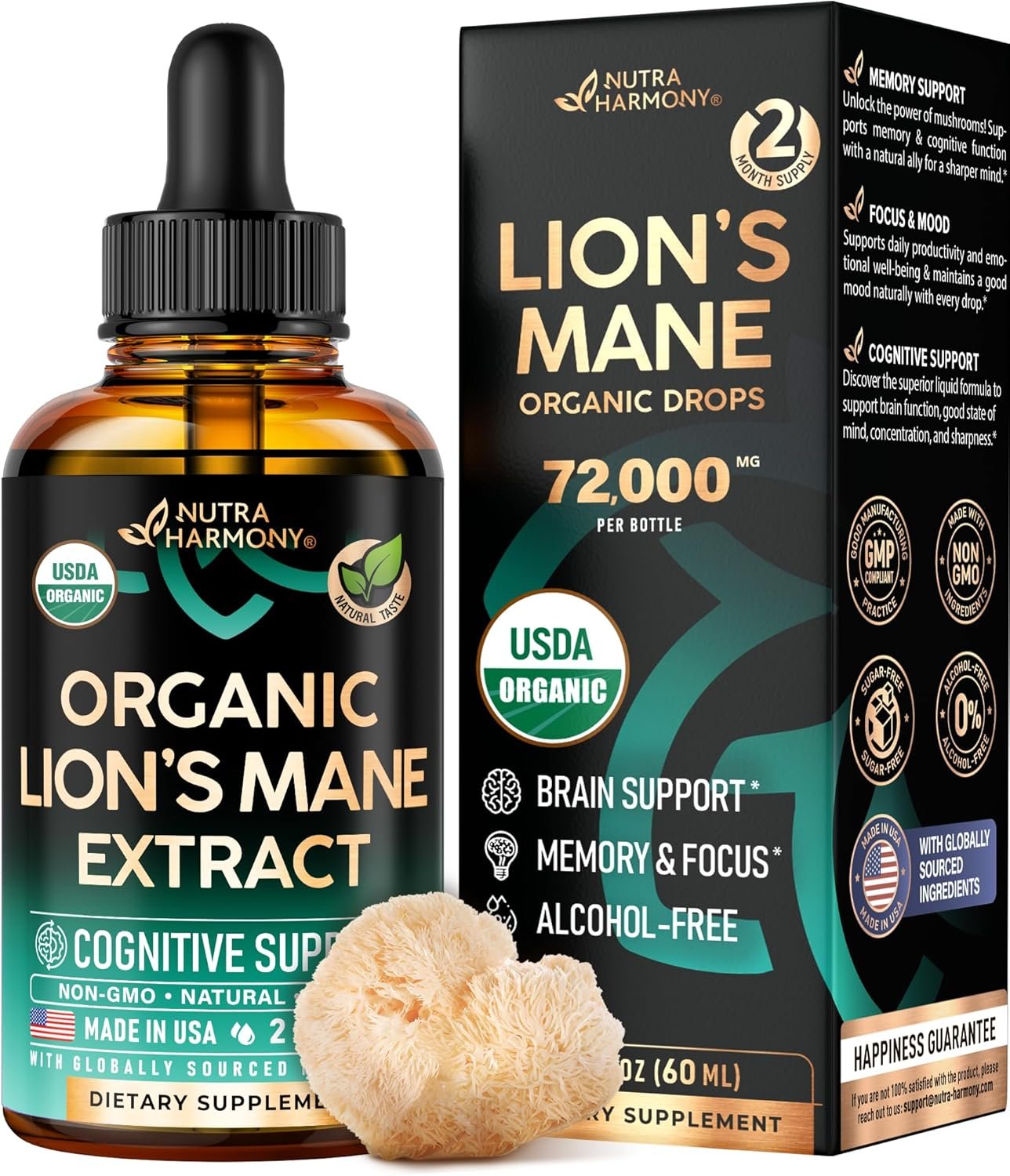 Lions Mane Liquid - USDA Certified Organic Lions Mane Supplement - Brain Support, Energy, Memory & Focus - Sugar & Alcohol-Free Lions Mane Mushroom Extract 72,000 mg / Bottle - 2 Fl OZ, 2 Month Supply - Image 2