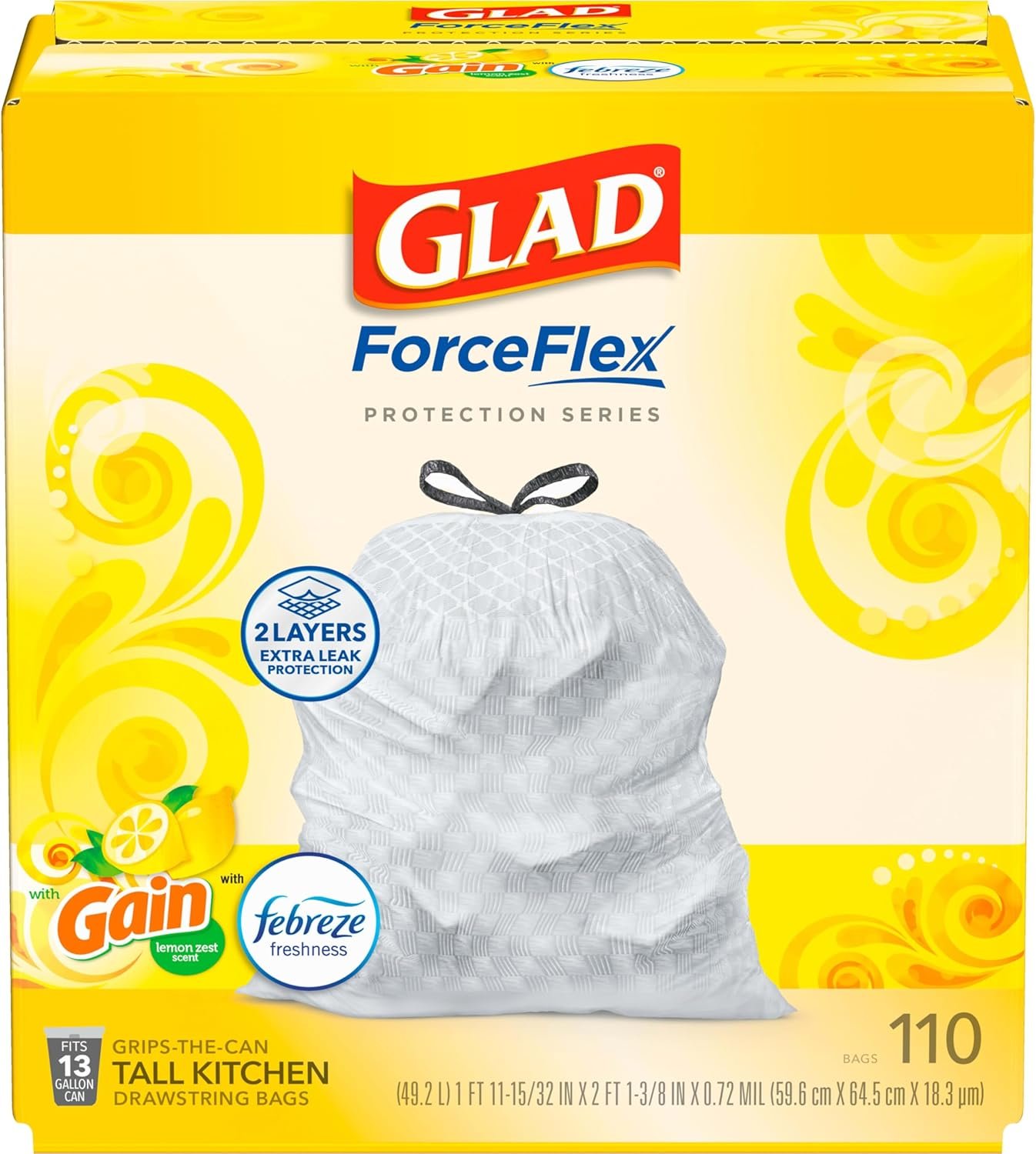 Glad Trash Bags, ForceFlex Tall Kitchen Drawstring Garbage Bags, 13 Gal, Gain Lemon Zest, 110 Ct, Pack May Vary - Image 2