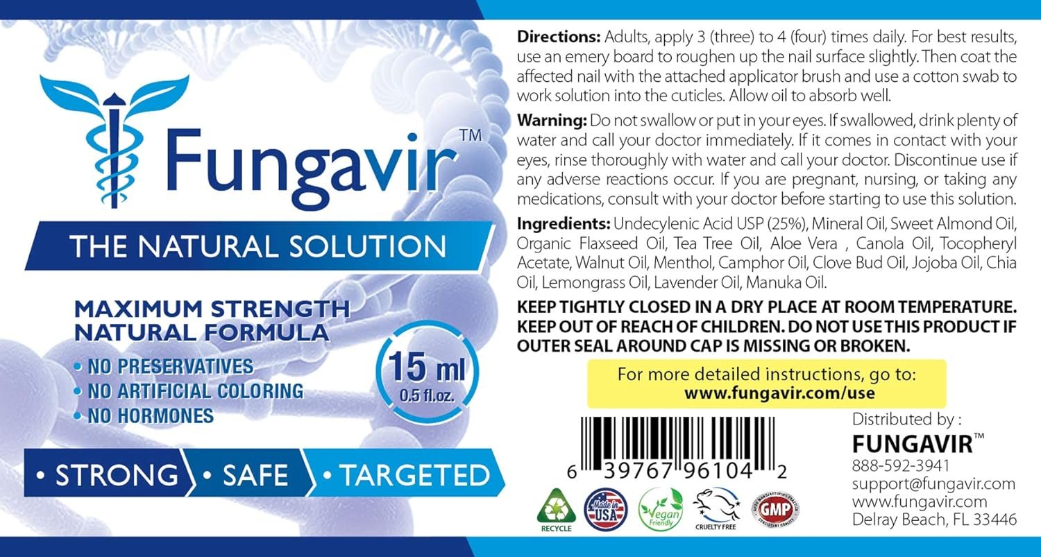 Consumer Health Fungavir - 25% Undecylenic Acid, Tea Tree Oil - For Nails and Toenails - 15ml / 0.5 fl.oz. - 1 Bottle - Vegan - Image 4