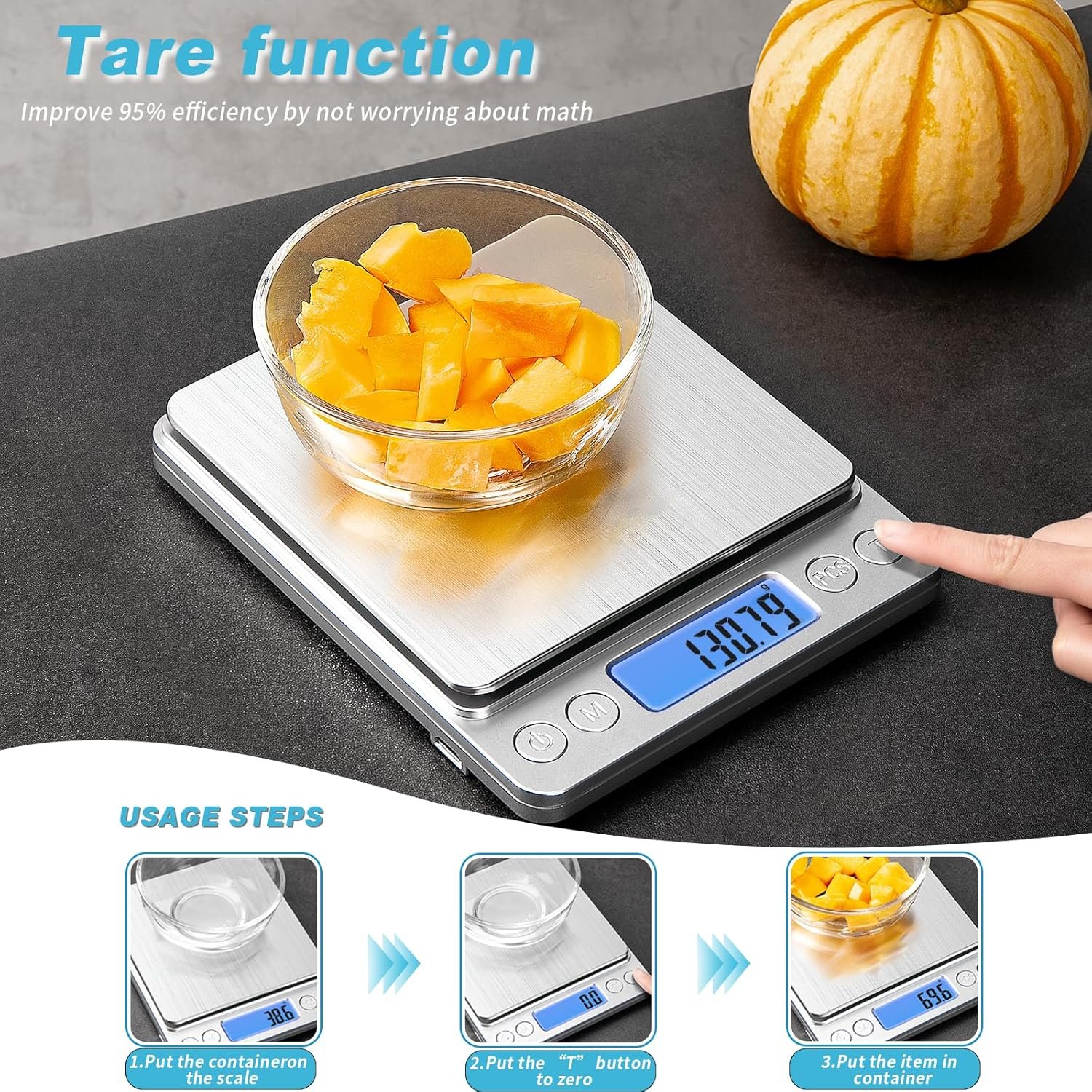 Food Scale, Digital Kitchen Scale Weight Grams and Ounces,0.1g High Accuracy Mini Pocket Scale for Baking Cooking Meal Prep Weight Loss, Rechargeable, Tare Function,2 Trays, LCD Display - Image 5