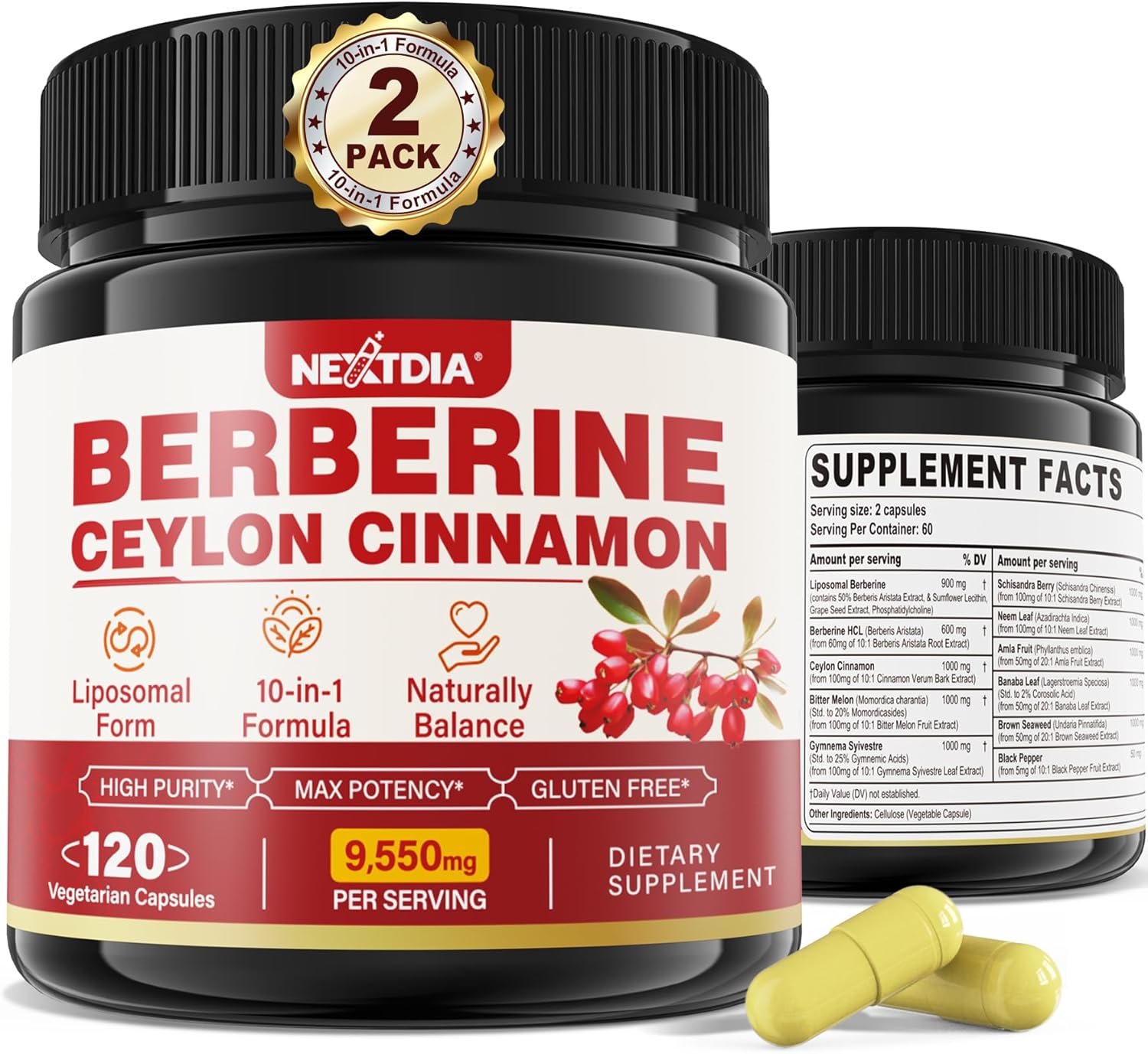 2 Pack 1500mg Liposomal Berberine & Berberine HCL with Ceylon Cinnamon Bitter Melon, Organic Berberine Complex Supplements with Banana Leaf, Supports Immune & Digestion - Vegan Berberine 240 Capsules - Image 2