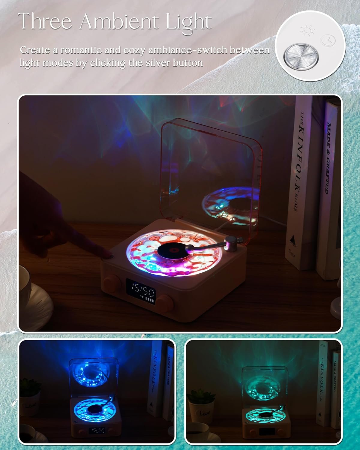 Waves Vinyl Bluetooth Speaker, Vinyl Record Player Style Speaker with Ocean Sound White Noise, Retro Bluetooth Speaker with Ambient Light, Mini Record Player Cute Speaker, Pink - Image 6