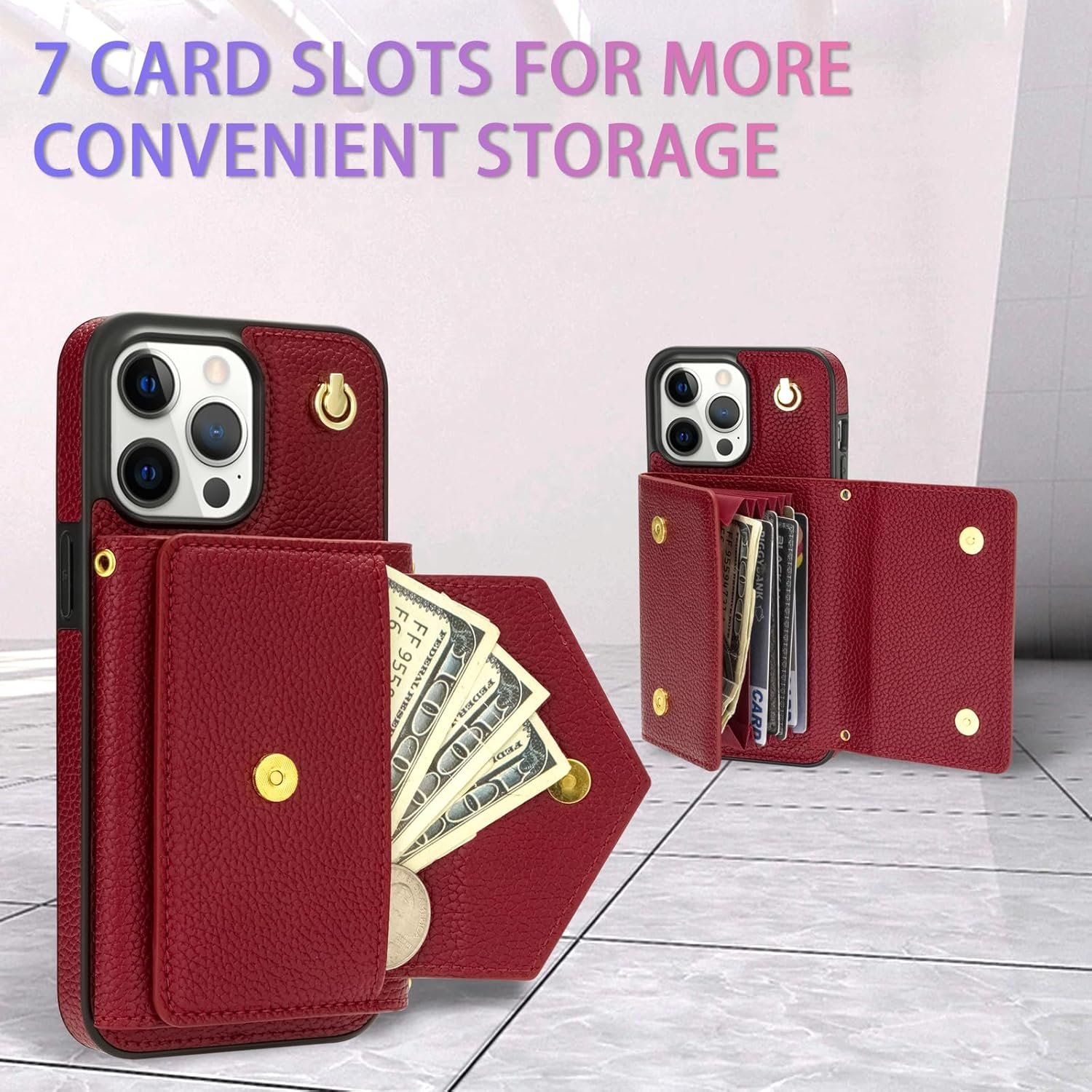 Phone Case for iPhone 15 Pro 6.1 inch Wallet Cover RFID Blocking Credit Card Holder with Crossbody Strap Lanyard Stand Leather Cell Accessories iPhone15Pro 5G i i-Phone i15 iPhone15 15Pro Girls Red - Image 5