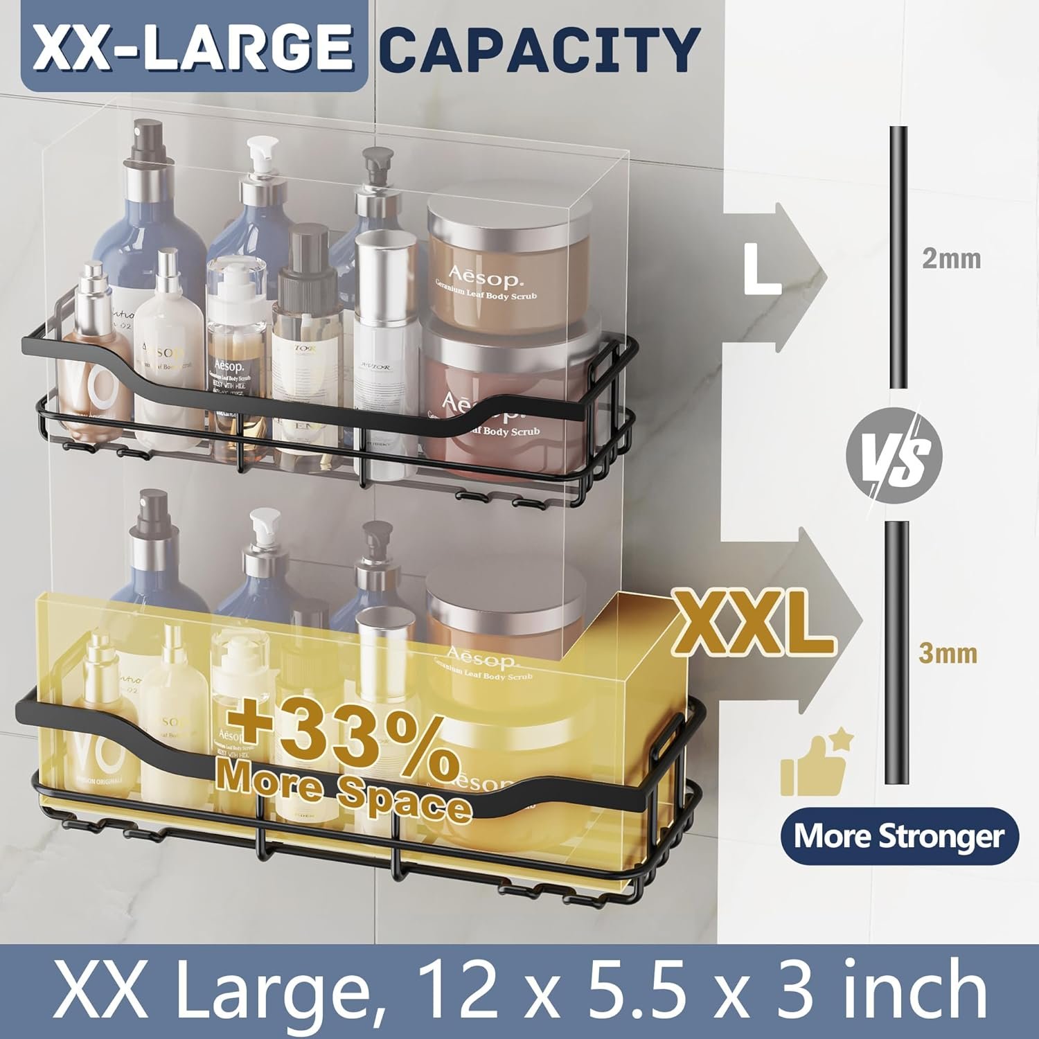 OMAIRA Adhesive Shower Caddy, 3-Pack with Soap Holder,No Drill Bathroom Shower Organizers, Wall Mounted Shower Shelves for Bathroom, Kitchen, Countertop, Black - Image 3