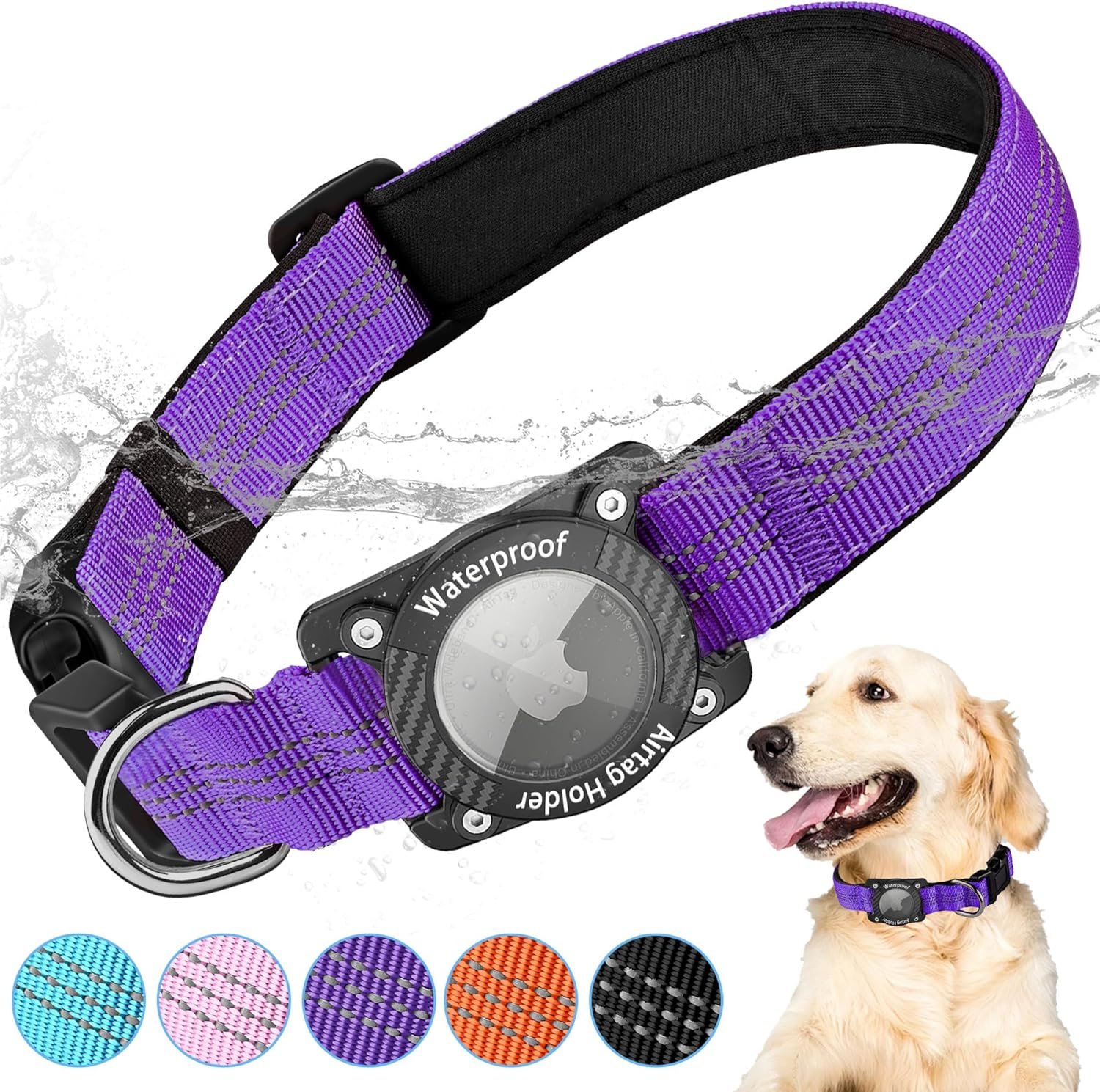 Airtag Dog Collar, Apple Airtag Holder for Reflective Dog Collar, Waterproof Nylon Dog Collar for Apple Air Tag, GPS Tracker Pet Collar for Small Medium Large Dogs, Purple, L - Image 2