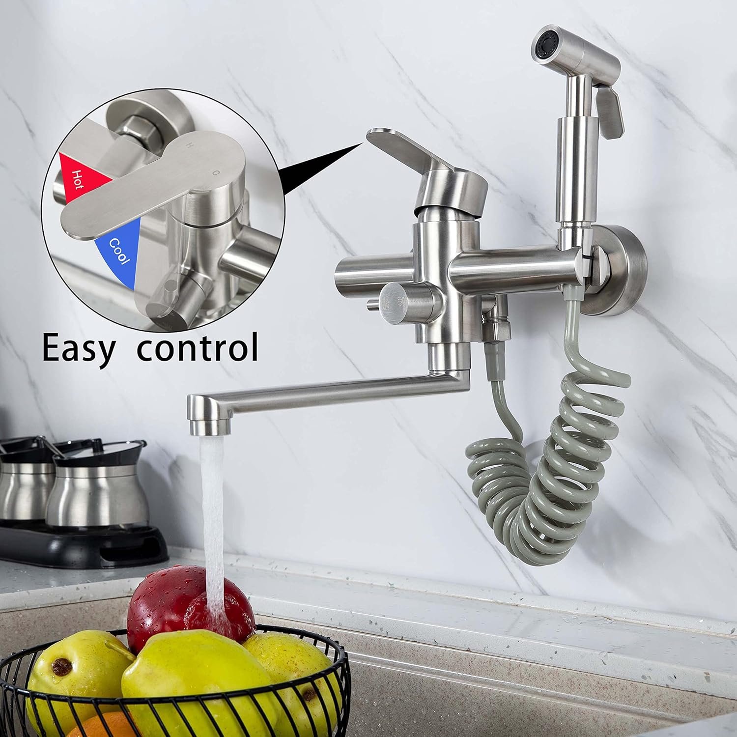 Wall Mounted Faucet Kitchen, 8 inch 360° rotatable Kitchen Faucet, with Heat-Resistant Spray Gun Easy Installation Wall Mount Kitchen Faucet,spout Length 23cm, Brushed Nickel - Image 3