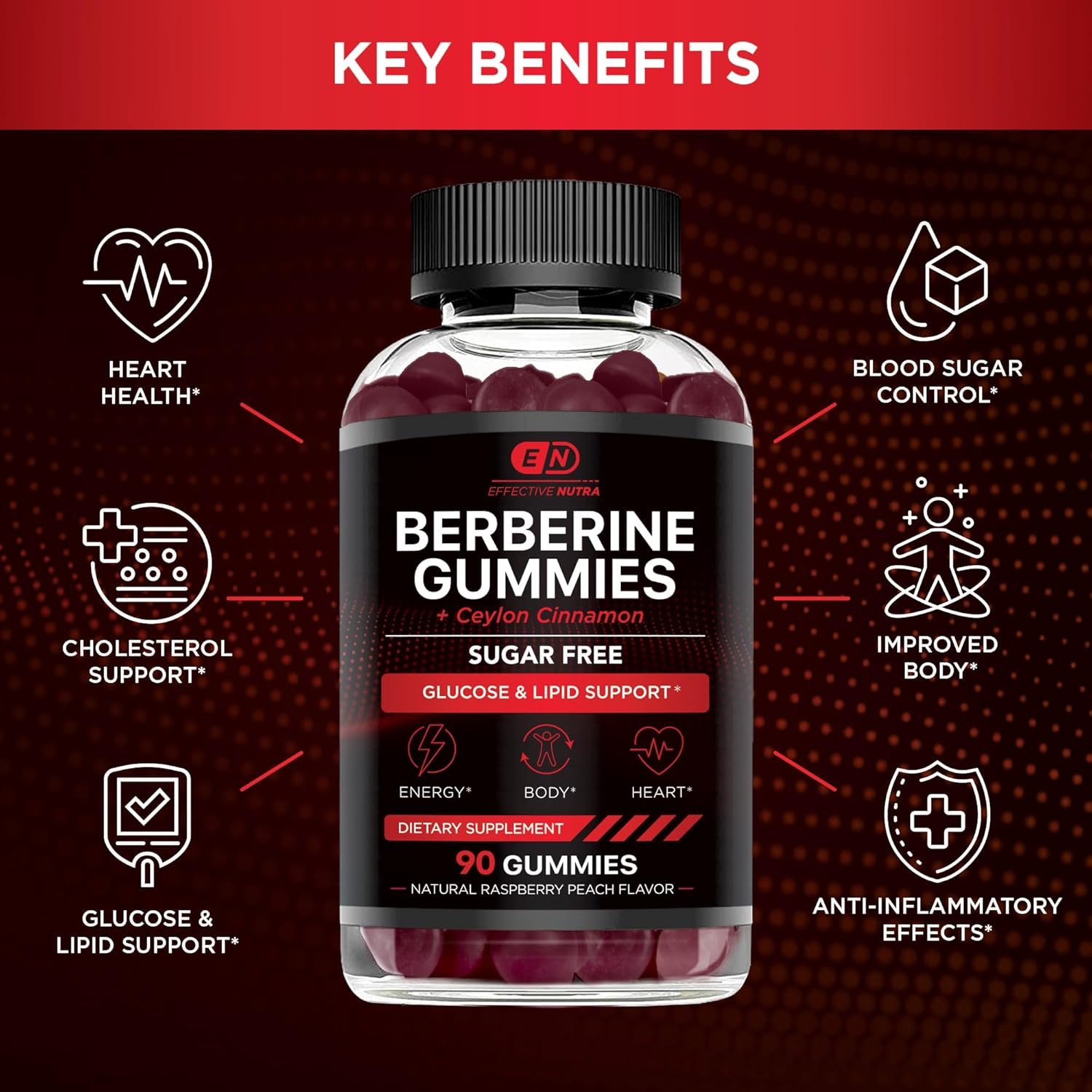 Berberine Gummies with Ceylon Cinnamon Sugar Free – 1200mg for Blood Sugar Support, Heart Health, and Energy Boost – Vegan, Non-GMO, 90ct - Image 3