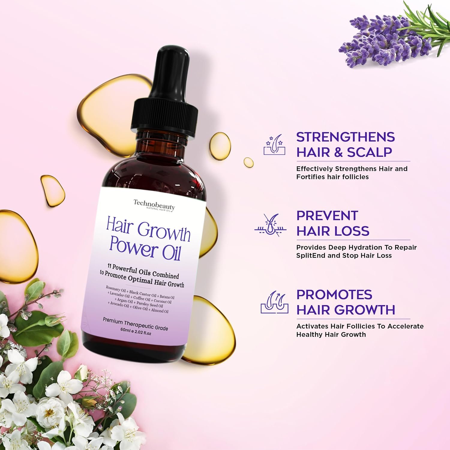 100% Pure Rosemary Oil + 11 Natural Oils for Hair Growth – Includes Black Castor, Batana, Lavender, Coffee, Coconut, Argan, Avocado, Olive, Almond & More -Ultimate Hair Care for Stronger, Thicker Hair - Image 8