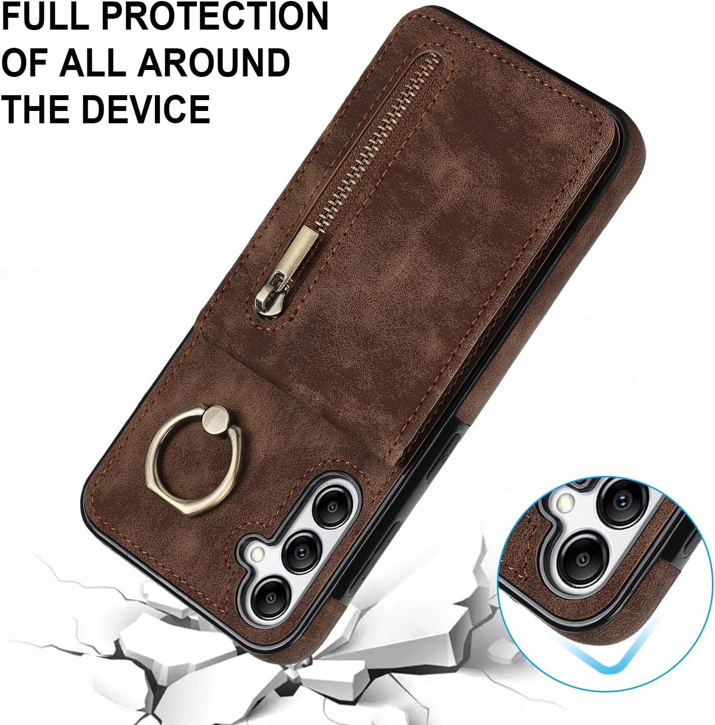 Asuwish Phone Case for Samsung Galaxy A14 5G Wallet Cover with Tempered Glass Screen Protector and Cell Accessories Zipper RFID Card Holder Slot Ring Kickstand A 14 4G 14A G5 A145G SM Women Men Brown - Image 7