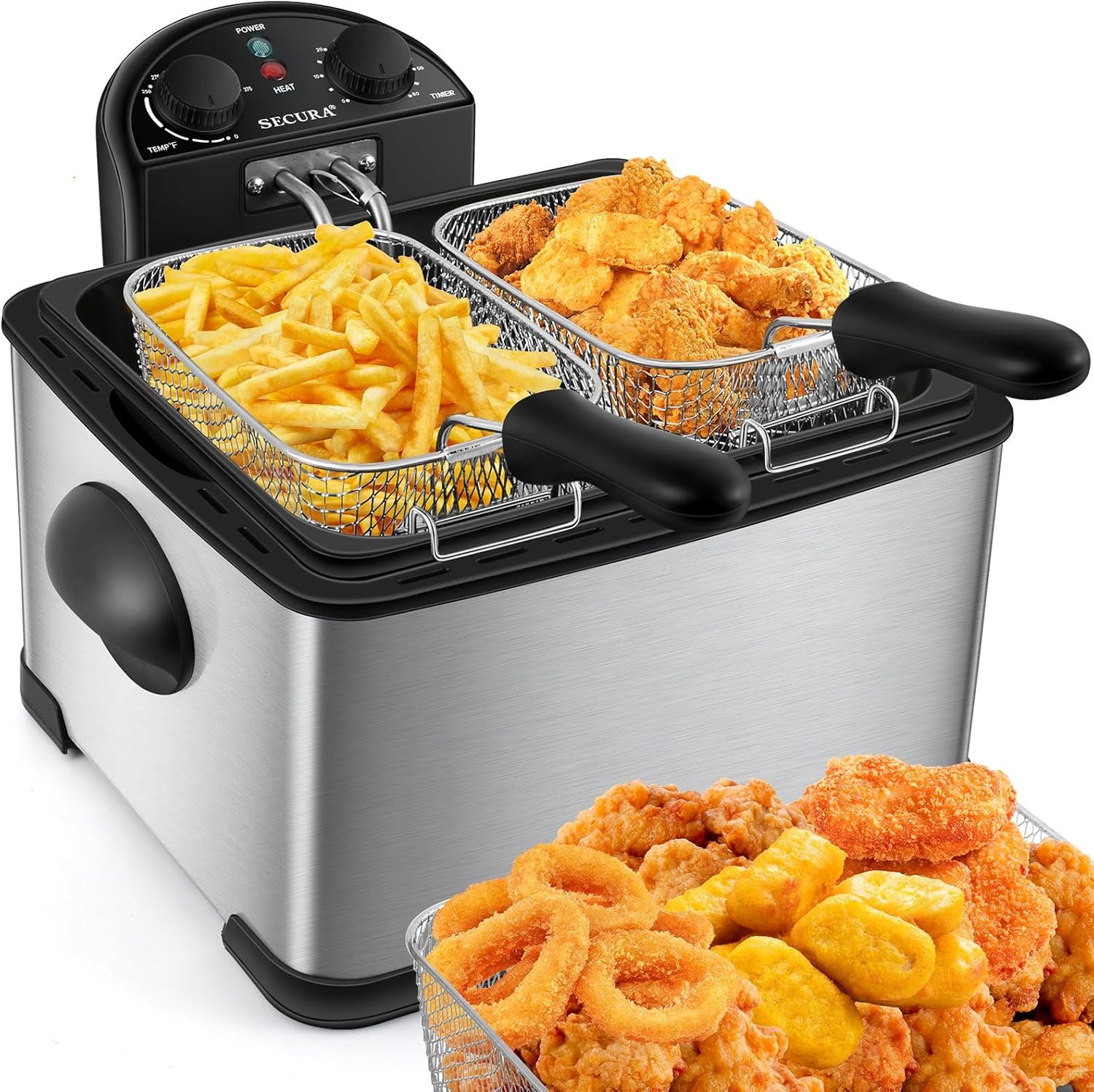 Secura Deep Fryer with 3 Baskets, 21 Cups / 5 Liters Oil Capacity 1700-Watt Stainless-Steel Triple Basket Electric Deep Fryer with Timer Extra Odor Filter, Silver - Image 2