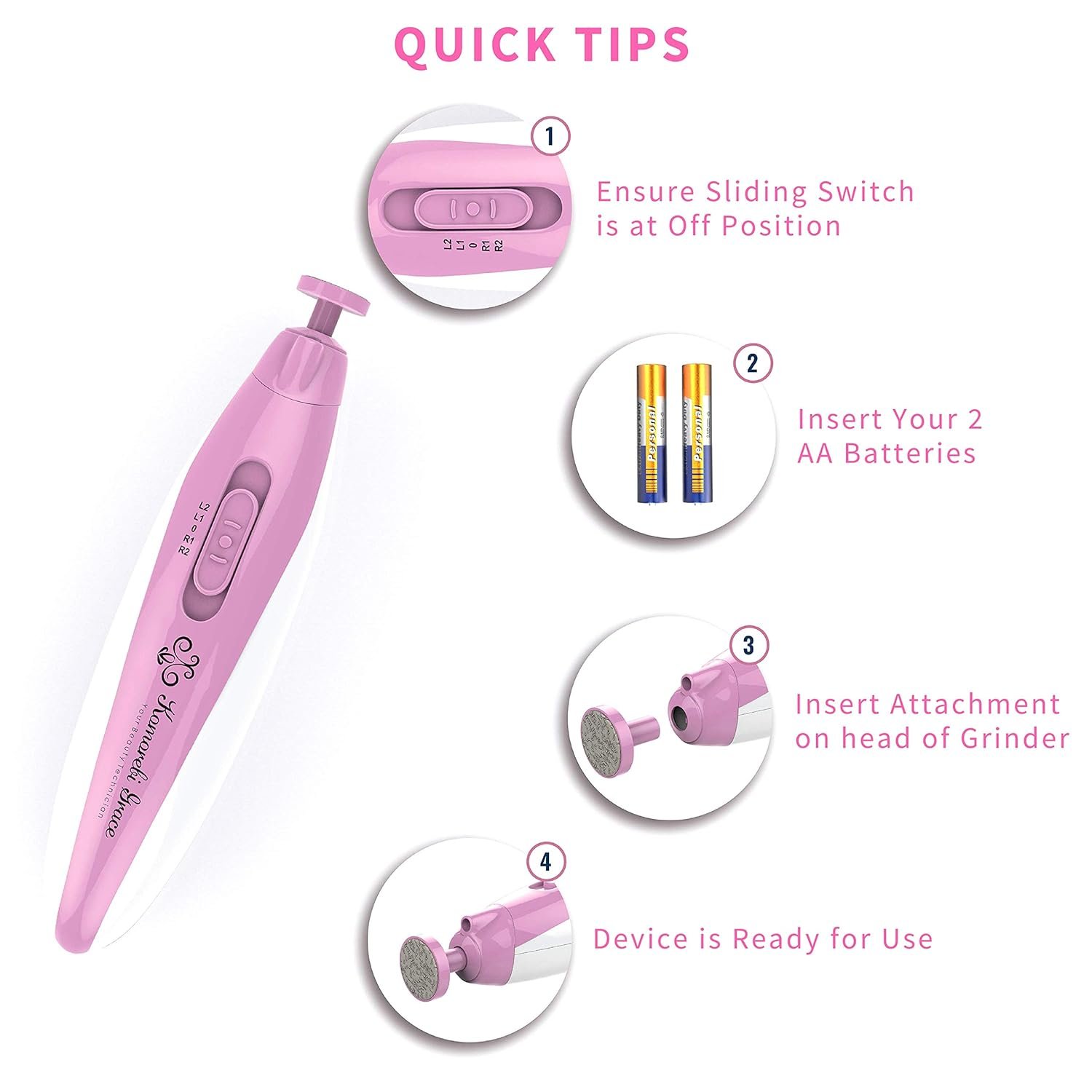Electric Nail File Manicure & Pedicure Set: 2-Speed Battery Operated Nail File Kit w Portable Nail Drill Grinder, Buffer, Shaper, Polisher and Cuticle Pusher for Natural Finger Nails & Toe Nails Care - Image 4
