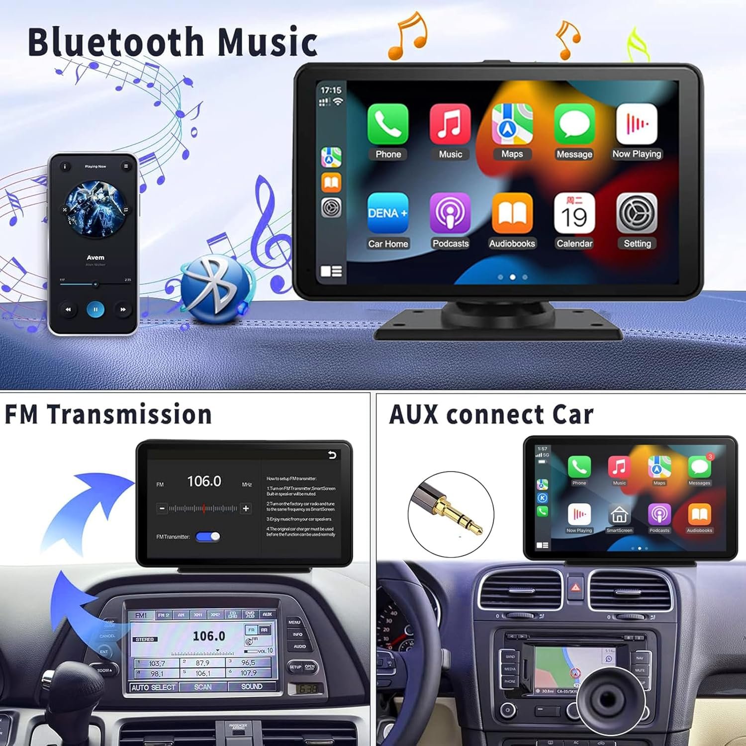 Wireless Carplay Screen for Car - 7" HD Portable Touch Screen Car Stereo Compatable with Apple Carplay & Android Auto, GPS Navigation/Voice Control/Bluetooth/AUX/FM for All Vehicles - Image 6