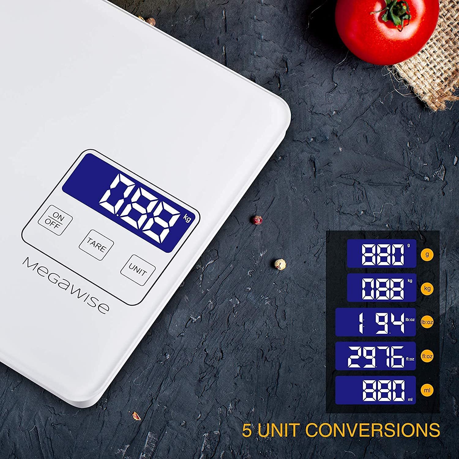 MegaWise Precision Food Scale, 33lb Waterproof Rechargeable Digital Kitchen Scale, 1g/0.04oz Precise Graduation, Weight Grams and Ounces for Cooking Baking, 5 Units Conversion, Tare Function - Image 4