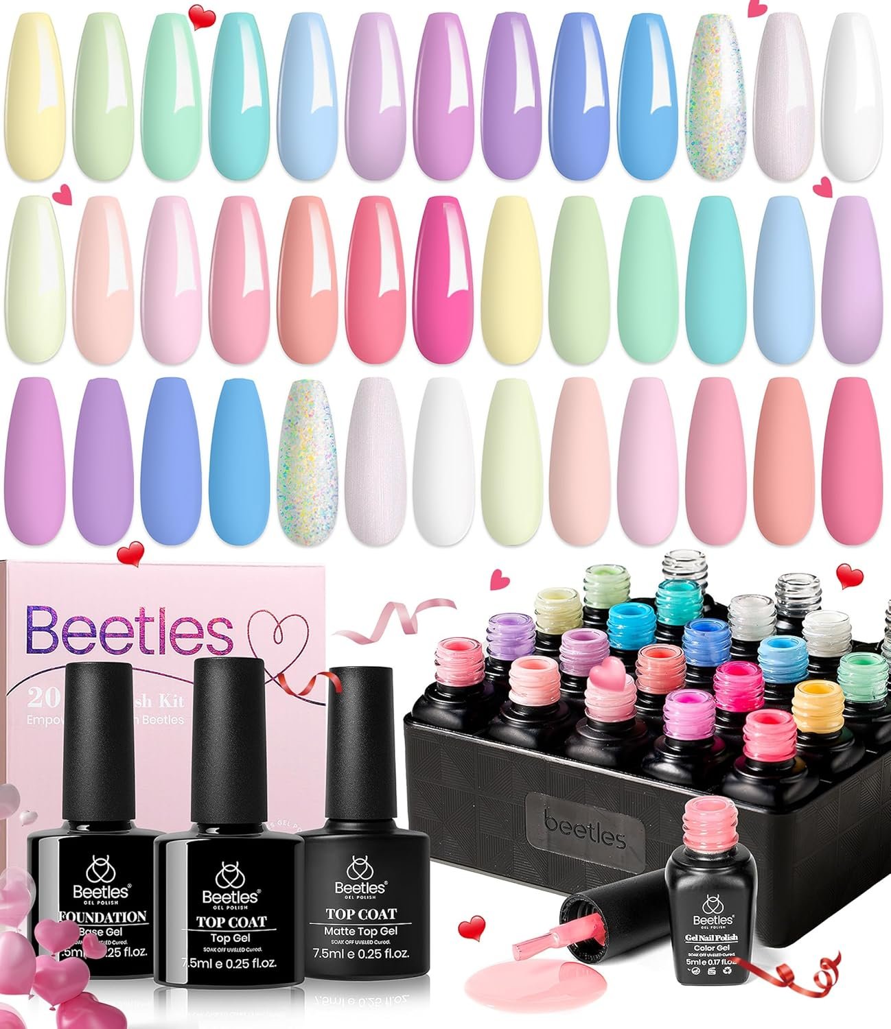 beetles Gel Polish Nail Set 20 Colors Spring Pastel Girly Sparkle Glitter Uv Gel Dreamy Town Collection Macaroon Bright Pastel Nail Manicure Kit with 3Pcs Base Top Coat Valentine's Day Gift for Women - Image 2