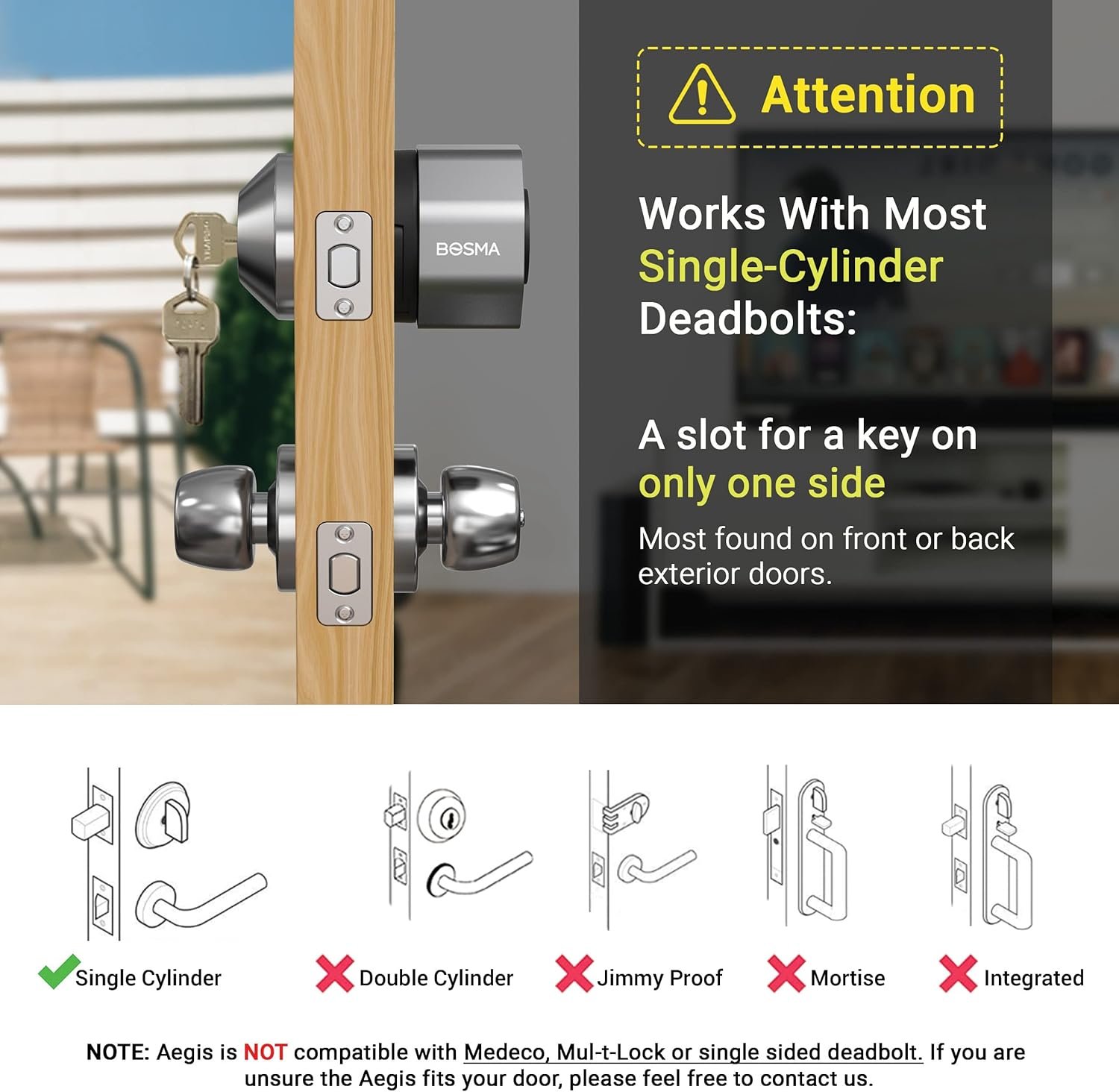Bosma Aegis Smart Door Lock w/WiFi Gateway, Auto-Unlock & Auto-Lock, Remote Control, APP-Less Guest Access, Break-in Detection, Works with Alexa & Google, Fits Your Existing Single-Cylinder Deadbolt - Image 3