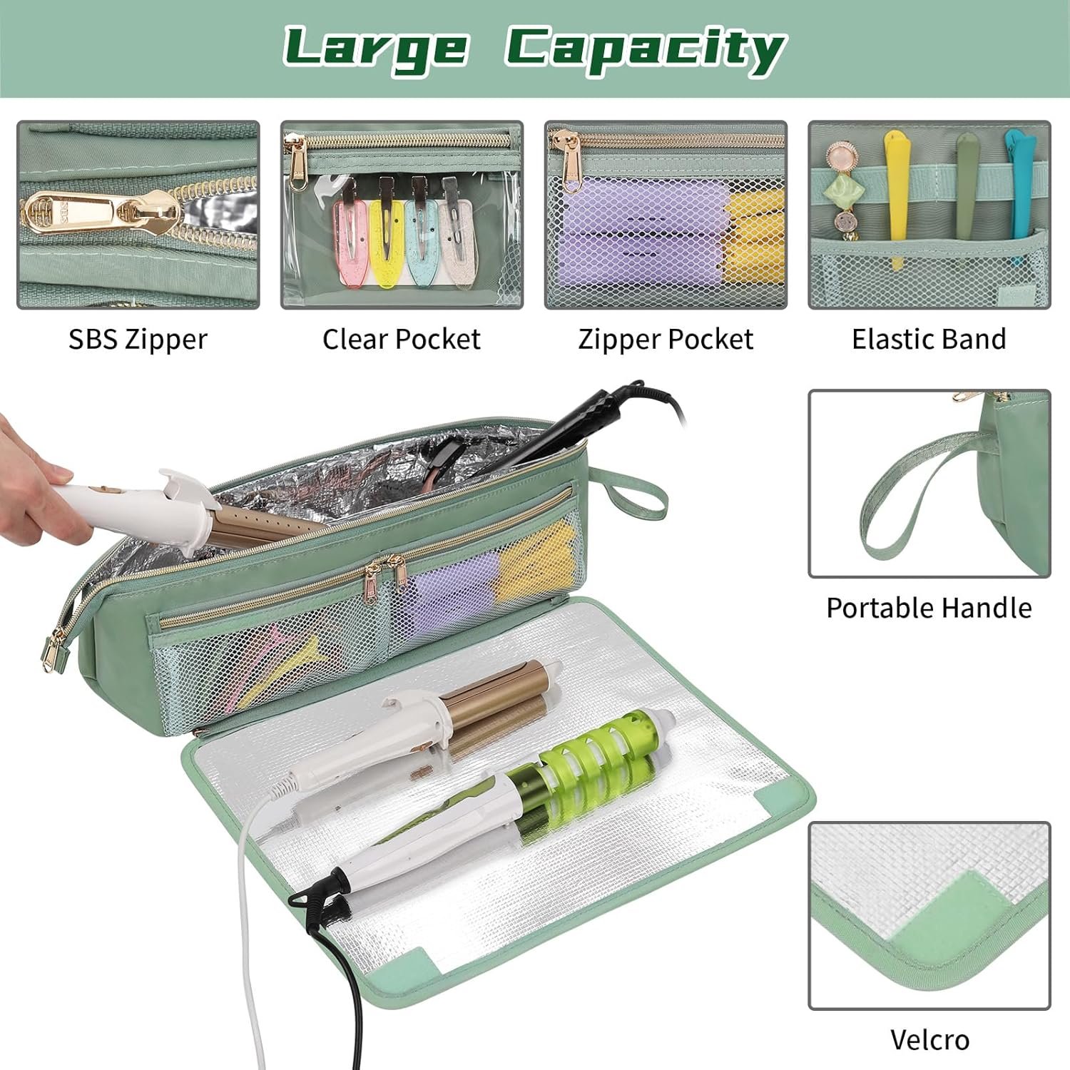 Ethereal 2-in-1 Hair Tools Travel Bag and Tinfoil Heat Resistant Mat for Flat Irons, Straighteners, Curling Iron, and Haircare Accessories, Hot Hair Styling Tool Organizer with Pockets, Green - Image 4