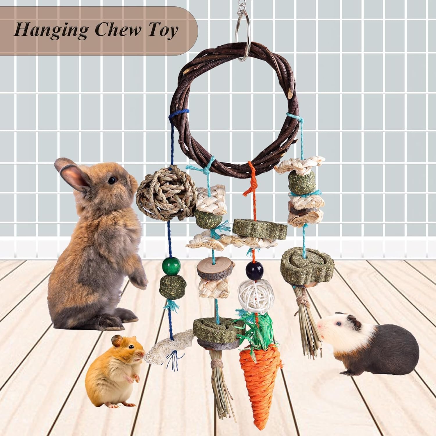 Grddaef Rabbit Chew Toy, Bunny Cage Hanging Toy Rattan Ring Treats Grinding Teeth for Rabbit Guinea Pig Chinchilla Hamster Ferret - Image 4