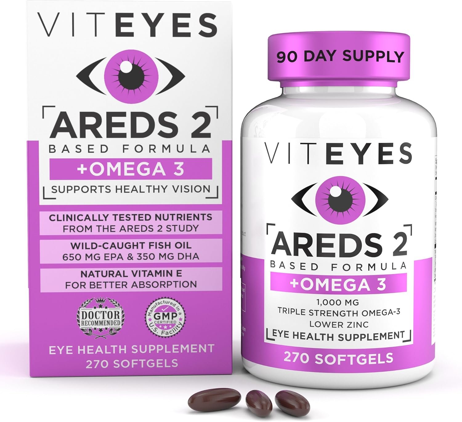 Viteyes AREDS 2 + Omega-3 Macular Support Softgels, Plus Triple Strength Omega-3 (650 mg EPA, 350 mg DHA) for Heart Health & Eye Health, Eye Vitamins, Vision Supplement, 270 Softgels - Image 2