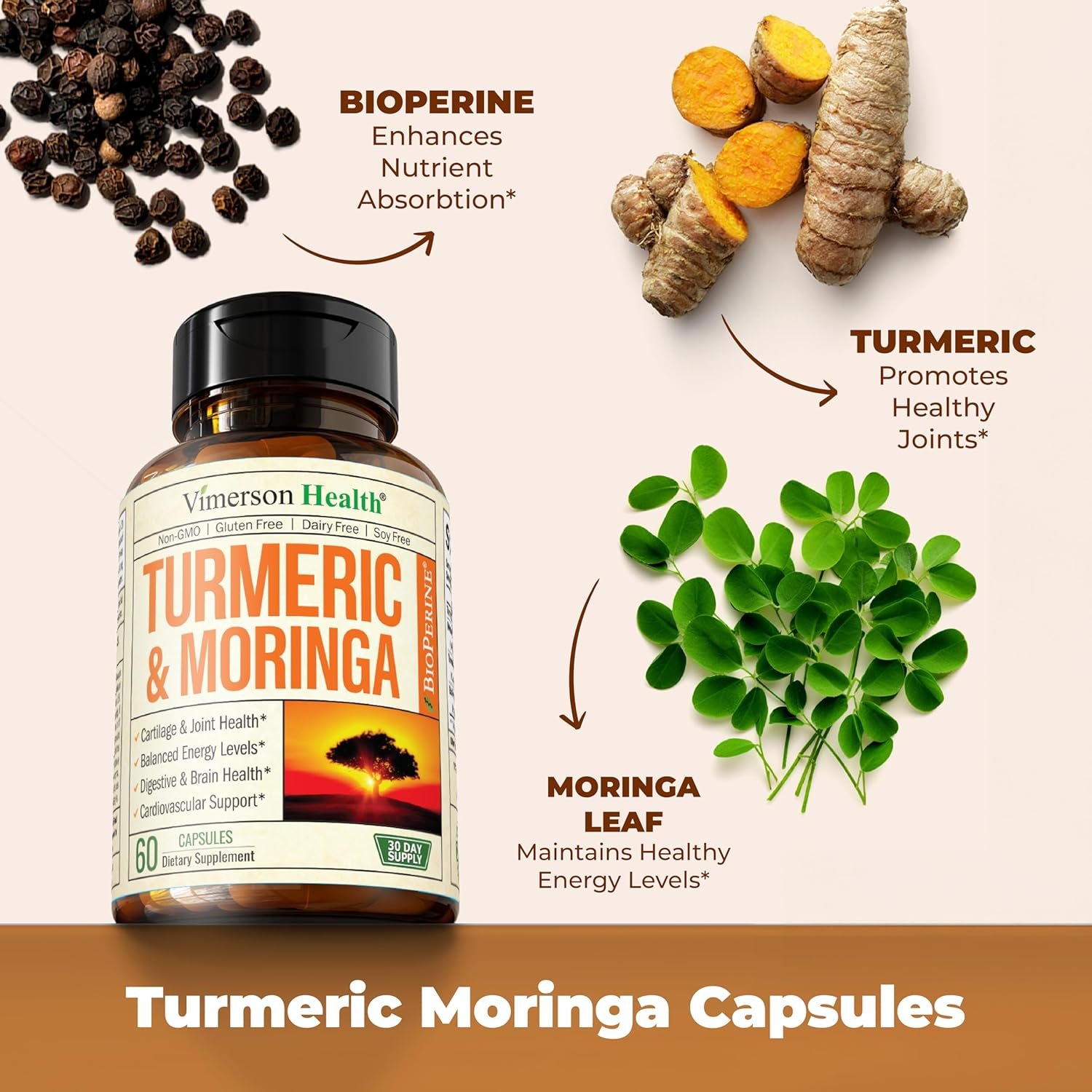 Turmeric Curcumin & Moringa Leaves Extract with Black Pepper. Joint Support Supplement with Tumeric (95% Curcuminoids), Bioperine & Moringa Oleifera Leaf for Joints, Digestion & Energy. 60 Capsules - Image 6