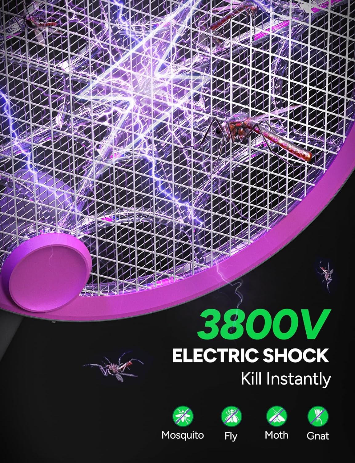 3800V Electric Fly Swatter, Dual Modes Bug Zapper Racket, 1500mAh Type-C Rechargeable Battery, Portable and Foldable Fly Zapper Racket, for Indoor Outdoor Home Patio Camping (Purple Gray) - Image 4