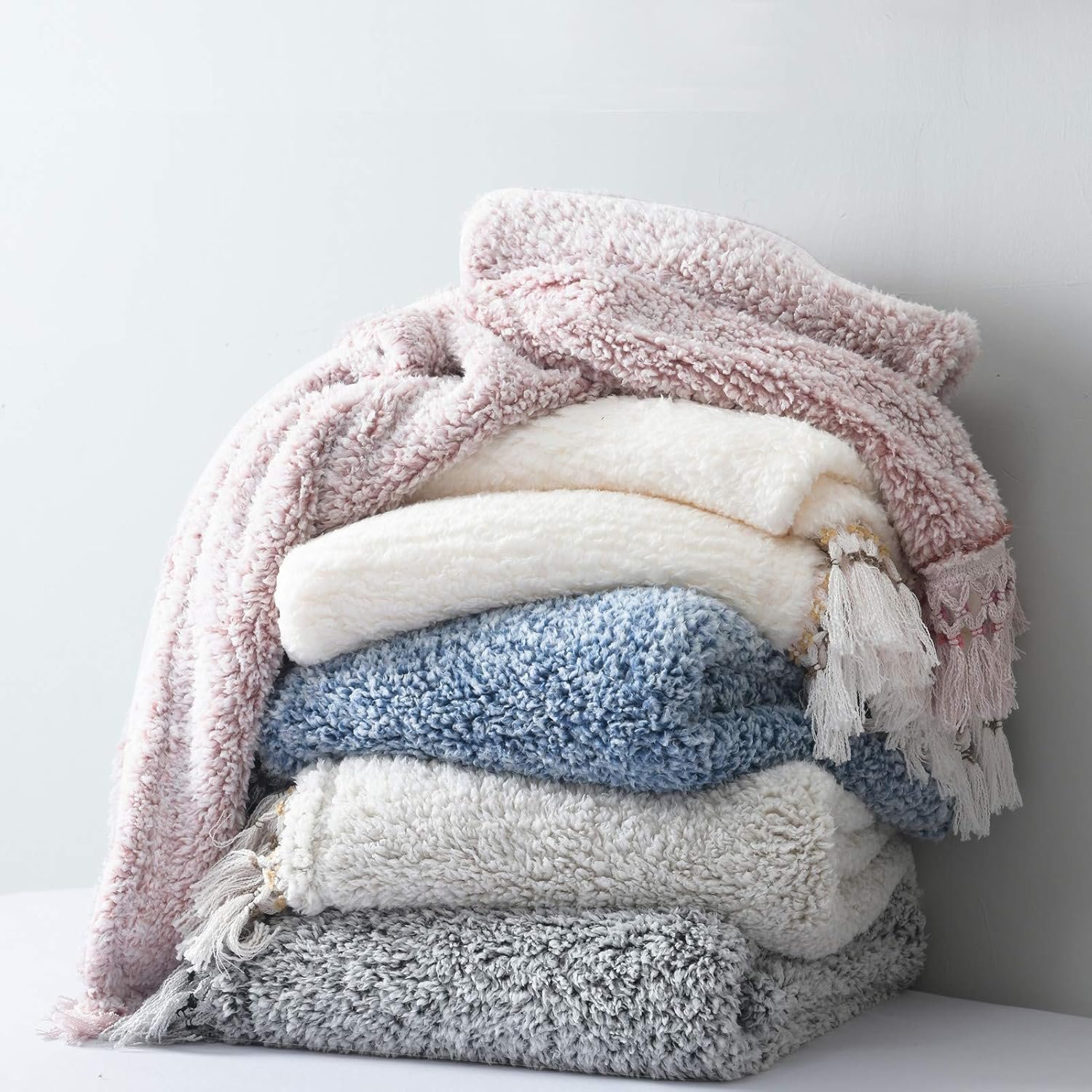 Ultra Soft Cozy Sherpa Throw Blanket, Light Weight Warm Decorative Throw Blanket with Tassel, Solid Antique White Pattern Reversible Boho Style Blanket for Sofa, Couch, Bedroom,Travel, 50”x60” - Image 6