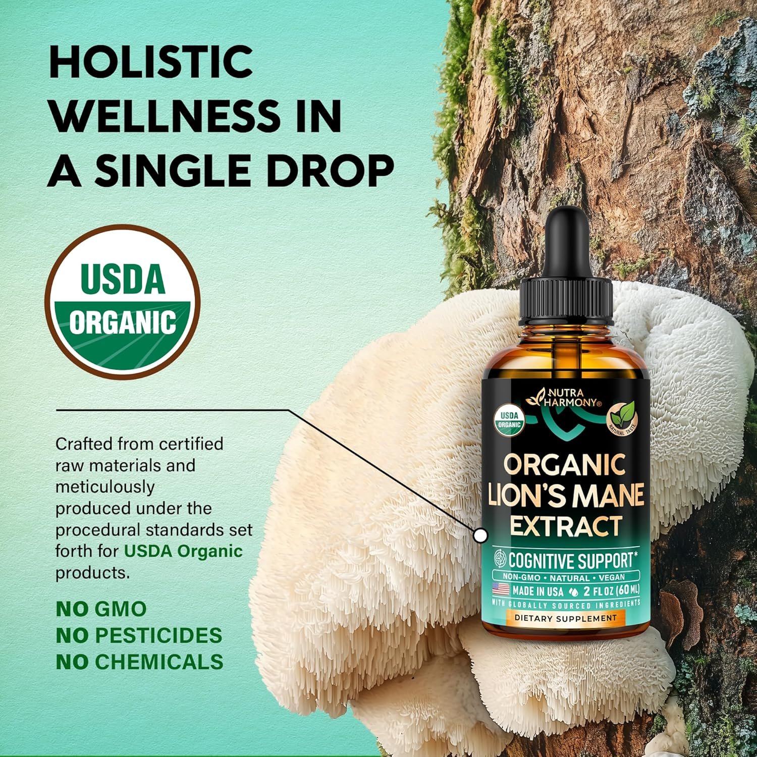Lions Mane Liquid - USDA Certified Organic Lions Mane Supplement - Brain Support, Energy, Memory & Focus - Sugar & Alcohol-Free Lions Mane Mushroom Extract 72,000 mg / Bottle - 2 Fl OZ, 2 Month Supply - Image 3