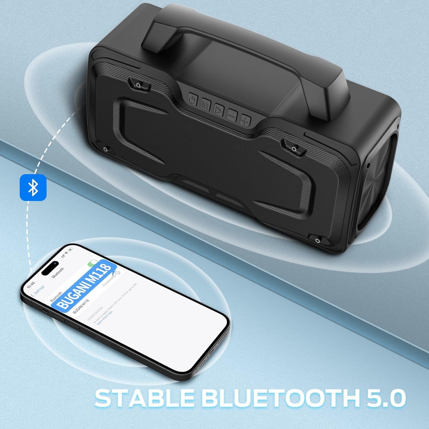 BUGANI Bluetooth Speakers, 80W Powerful Portable Wireless Speaker IPX7 Waterproof Speaker, Outdoor Loud Speaker with Handle 24H Playtime, Support Microphone AUX USB Suitable for Party, Pool, Black - Image 9