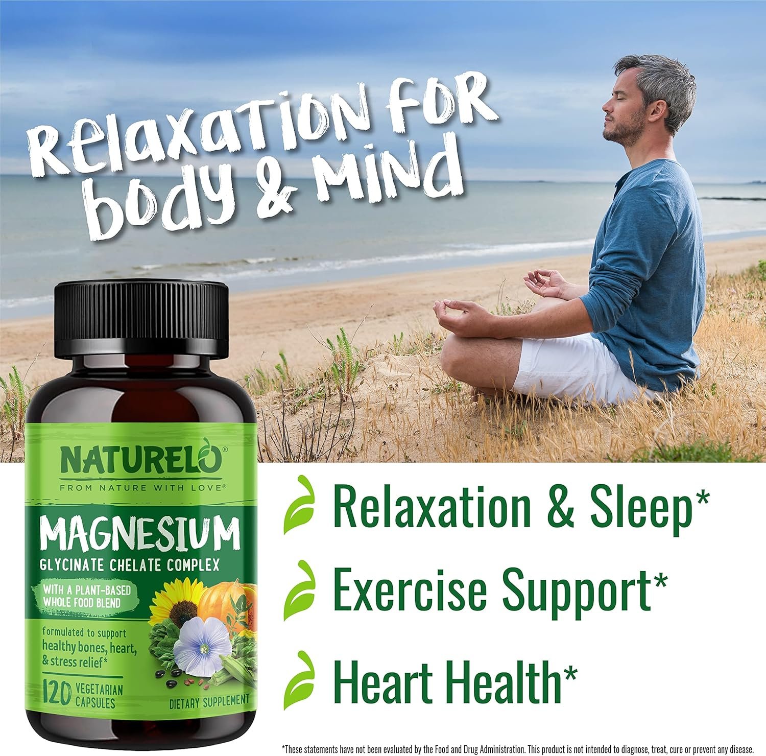 NATURELO Magnesium Glycinate Chelate Complex - 200 mg Magnesium with Organic Vegetables to Support Sleep, Calm, Muscle Cramp & Stress Relief – Gluten Free, Non GMO - 120 Capsules - Image 8