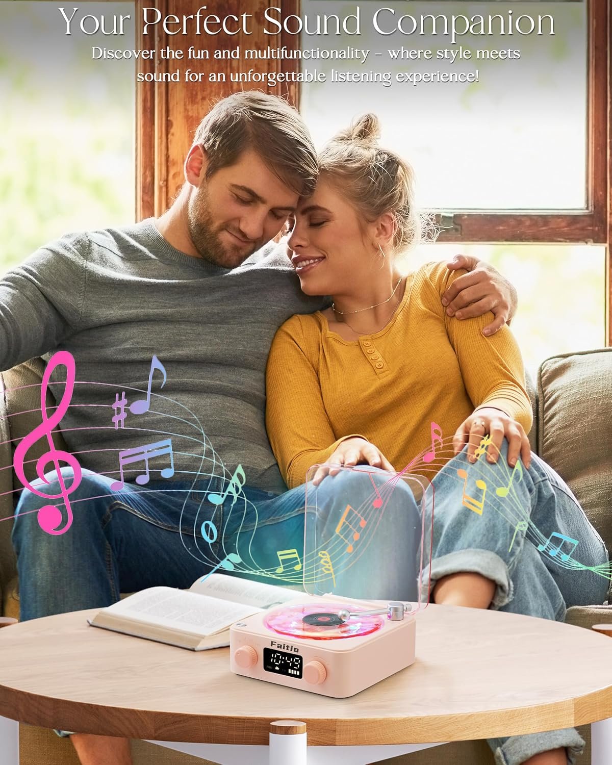 Waves Vinyl Bluetooth Speaker, Vinyl Record Player Style Speaker with Ocean Sound White Noise, Retro Bluetooth Speaker with Ambient Light, Mini Record Player Cute Speaker, Pink - Image 3