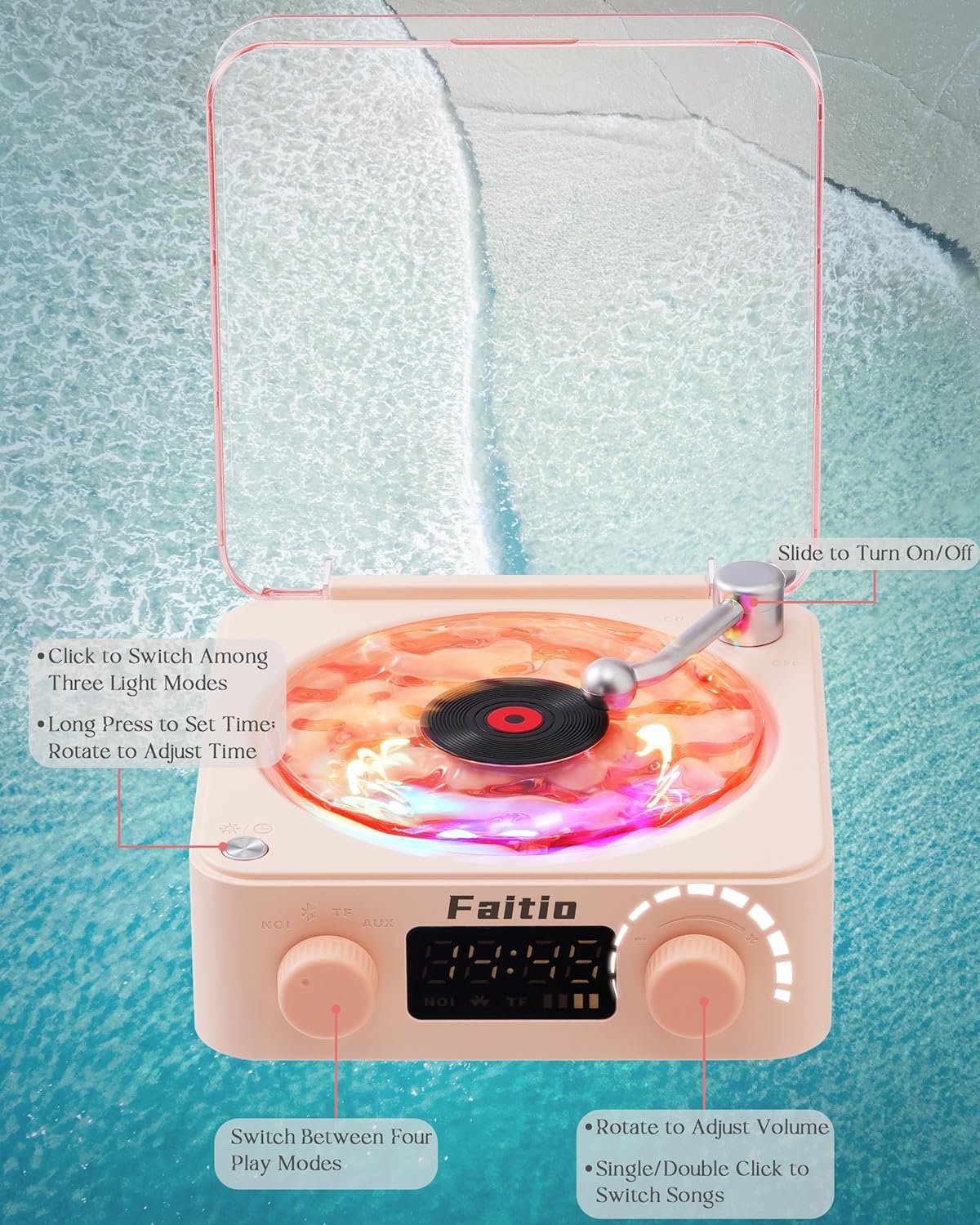 Waves Vinyl Bluetooth Speaker, Vinyl Record Player Style Speaker with Ocean Sound White Noise, Retro Bluetooth Speaker with Ambient Light, Mini Record Player Cute Speaker, Pink - Image 9