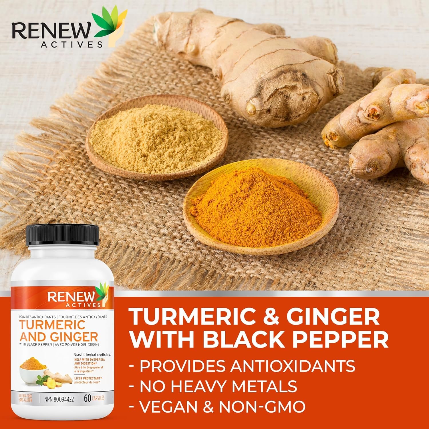 Renew Actives Ginger Turmeric Curcumin Capsules - Potent Antioxidant with Bioperine & Black Pepper Blend for Digestive & Liver Health - Easy-to-Swallow Capsules - 60 Vegan Capsules - Image 8
