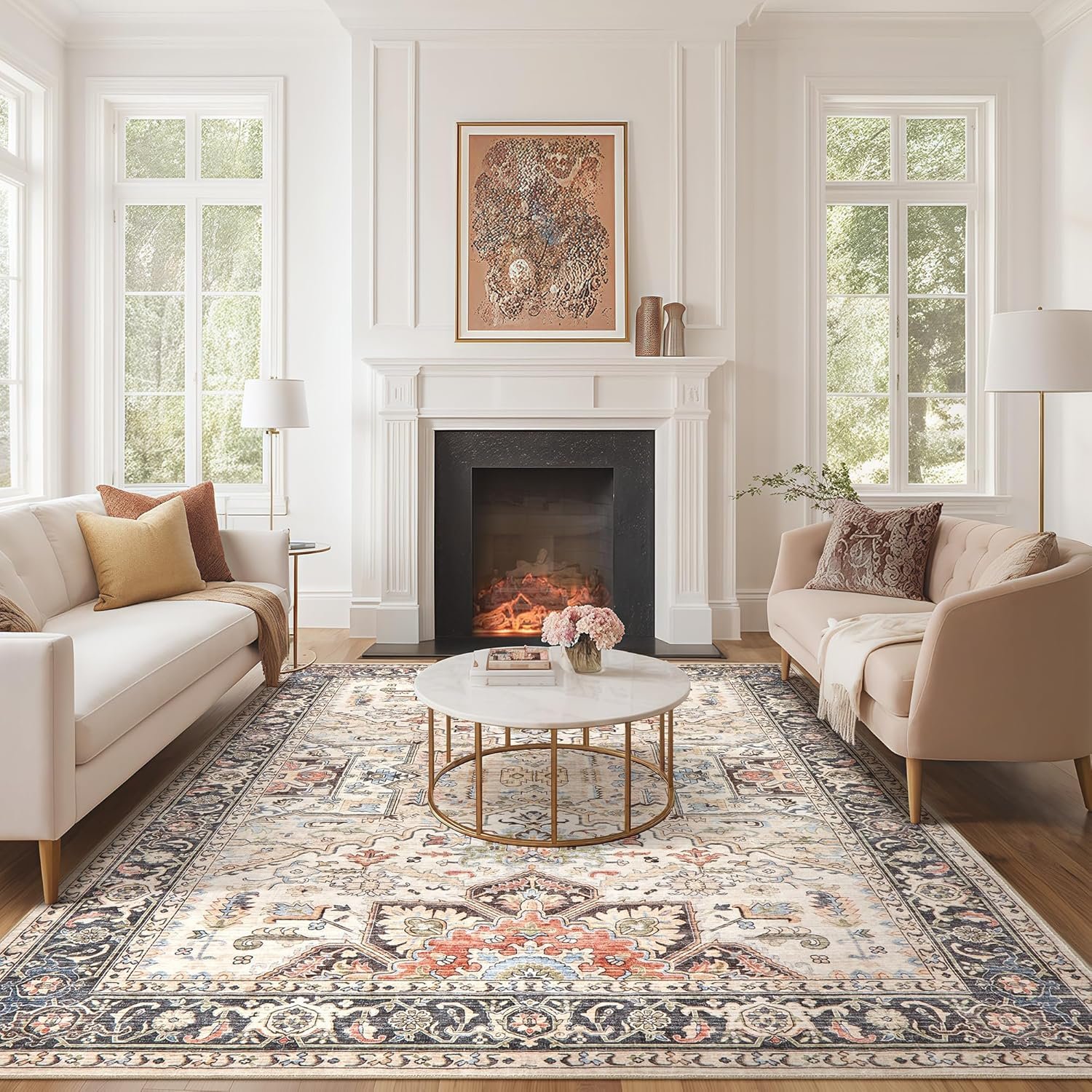 9x12 Area Rugs for Living Room - Large Carpet Ultra Thin Soft Washable Oriental Vintage Floral Distressed Rug Big Indoor Carpets for Bedroom Nursery Dorm Home Decor Aesthetic - Multi - Image 3