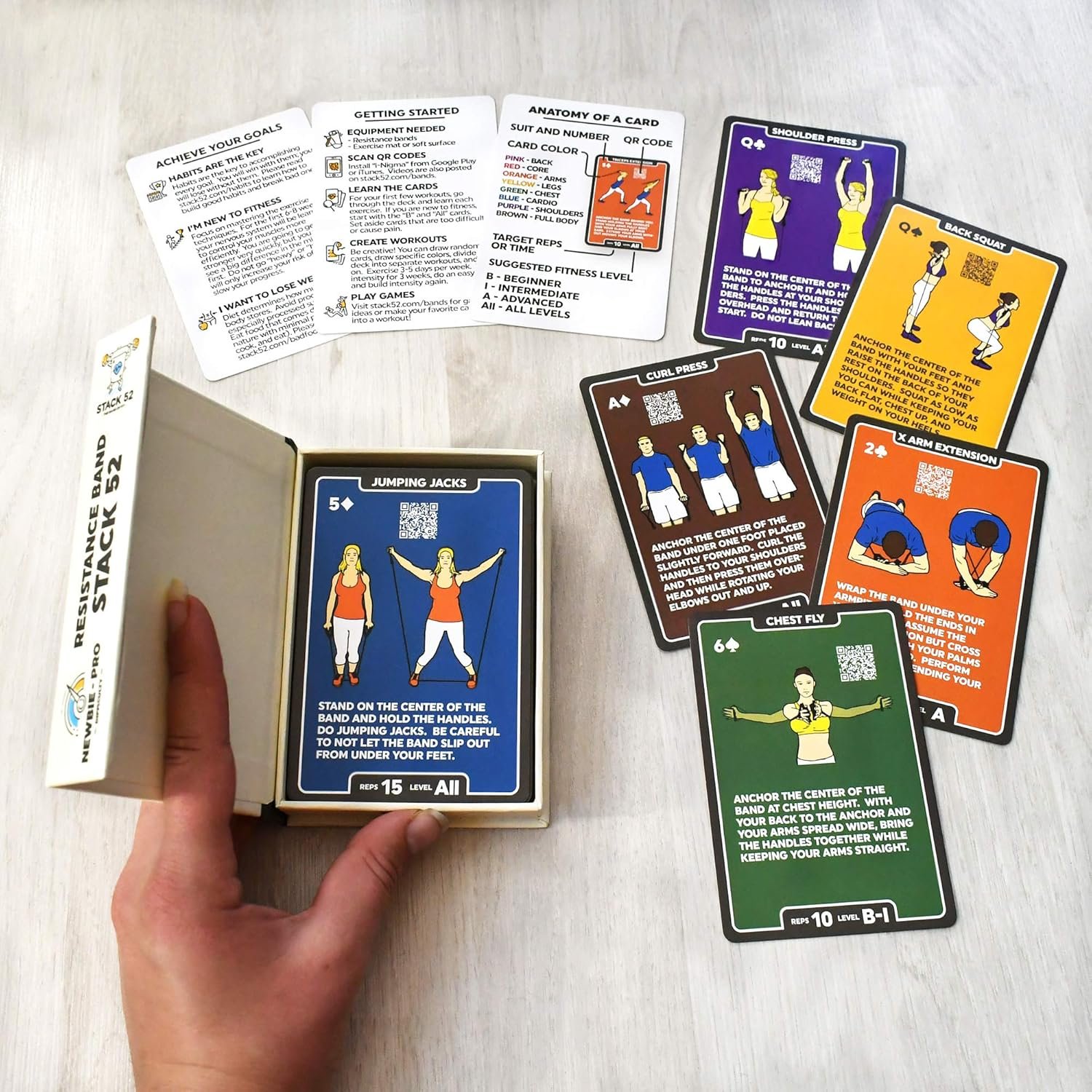 Resistance Band Exercise Cards. Exercise Band Workout Playing Card Game. Video Instructions Included. Home Fitness Training Program for Elastic Rubber Stretch Band Sets. - Image 7