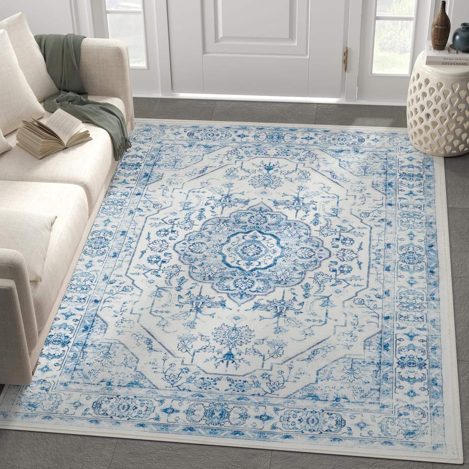 jinchan Area Rug 3x5 Medallion Floral Rug Washable Rug Accent Rug Floor Cover Non Slip Living Room Rug Vintage Rug Retro Thin Carpet Soft Rug for Bedroom Dining Room Kitchen Distressed Blue - Image 2
