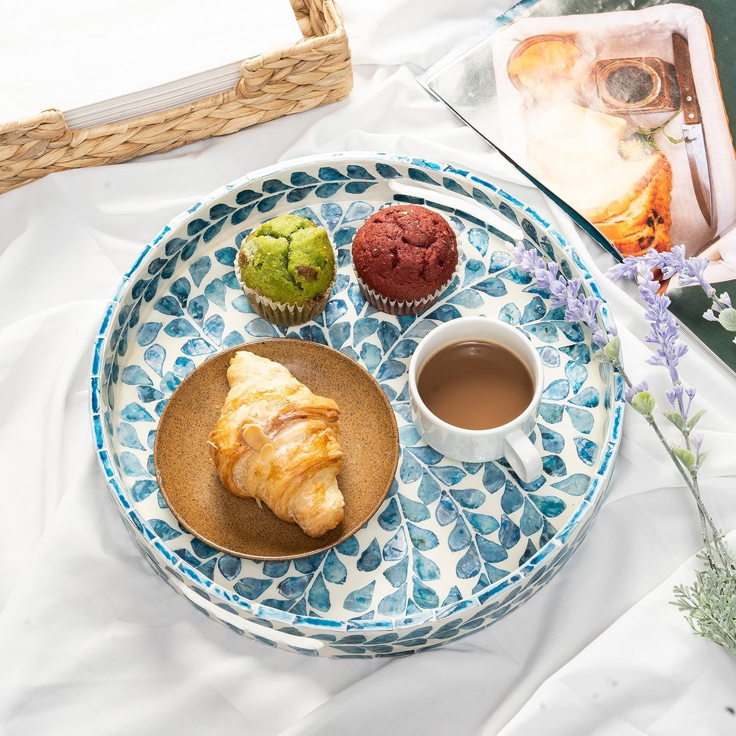 CLAYNIX Serving Tray 12.5 Inch, Lacquer Mother of Pearl Inlay Mosaic Tray, Round Wooden Marble Tray with Handles Trays for Tea, Breakfast (Leaf Style) - Image 6