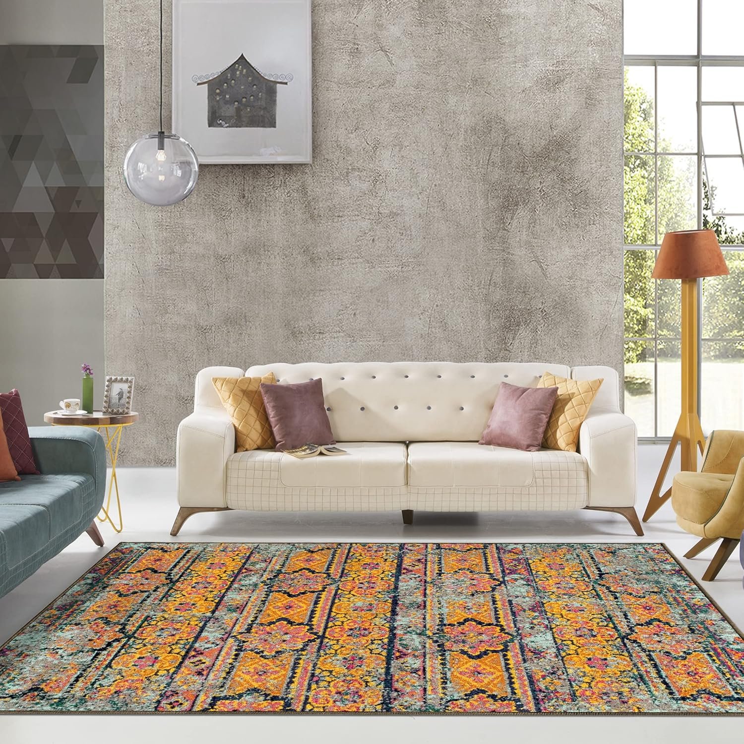 Superior Indoor Large Area Rug, Jute Backing, Perfect For Hallway, Entryway, Office, Living/ Dining Room, Bedroom, Kitchen, Floor, Floral Stripe Medallion Decor, Zebrina Collection, 8' x 10', Aqua - Image 2